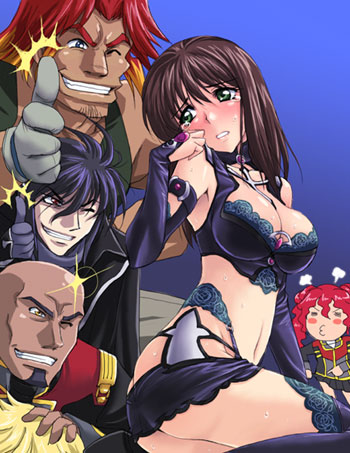 asakim dowin, denzel hammer, rand travis, setsuko ohara, toby watson, xine espio, banpresto, super robot wars, super robot wars z, super robot wars z1, lowres, 2girls, 4boys, breasts, bridal gauntlets, change, cosplay, costume switch, large breasts, multiple boys, multiple girls, one eye closed, setsuko ohara (cosplay), smile, tears, thighhighs, thumbs up, wink, xine espio (cosplay)