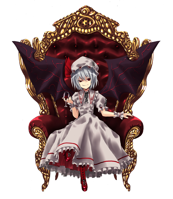 nabeshima tetsuhiro, remilia scarlet, touhou, 1girl, bat wings, blue hair, chair, cup, cupping glass, drinking glass, female focus, full body, hat, red eyes, short hair, sitting, solo, throne, wine glass, wings