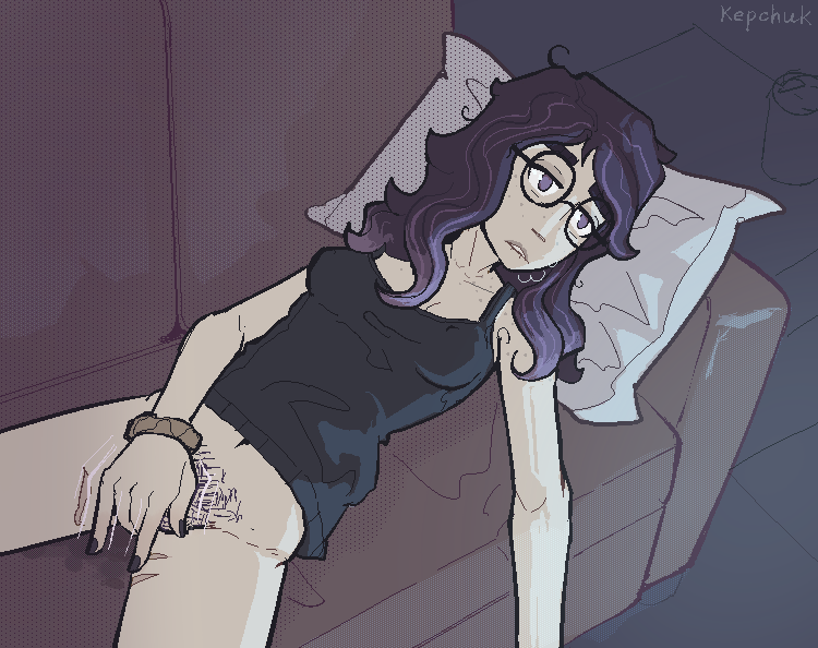 kepchuk, original, commentary, commission, commissioner upload, english commentary, 1girl, black nails, bracelet, breasts, couch, excessive pubic hair, female masturbation, female pubic hair, freckles, glasses, jewelry, masturbation, motion lines, neet, pale skin, pubic hair, purple eyes, purple hair, rachel darling (bladedbard), scar, small breasts, solo, tank top