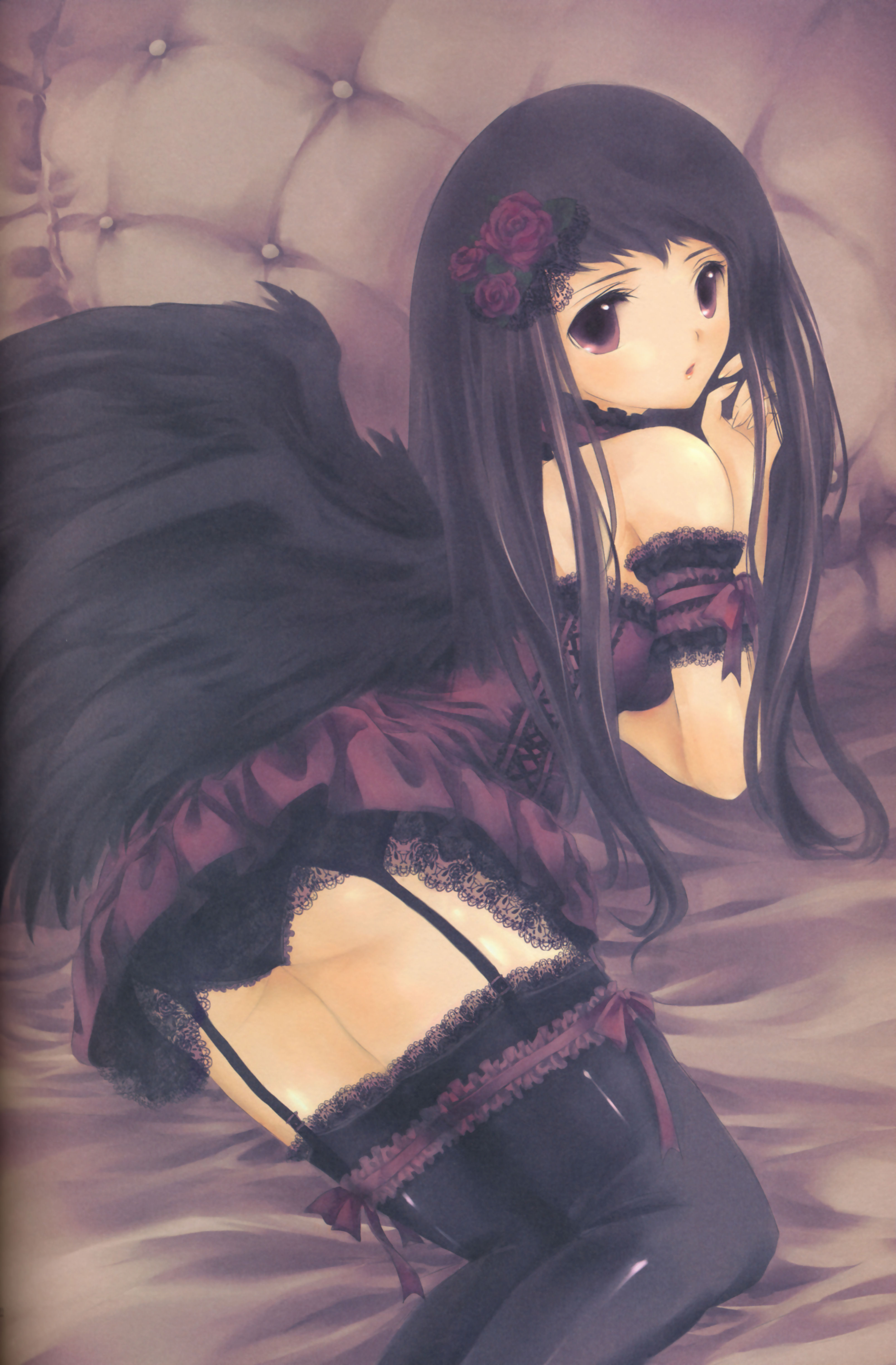 aikawa daisei, absurdres, highres, 1girl, black hair, black panties, dress, female focus, hair ornament, lingerie, panties, purple eyes, solo, thighhighs, underwear, wings