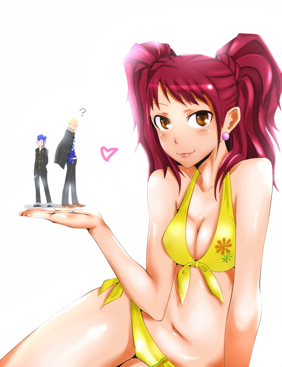 em (totsuzen no hakike), kujikawa rise, shirogane naoto, tatsumi kanji, atlus, persona, persona 4, bad id, bad pixiv id, 1boy, 2girls, bikini, blush, breasts, brown eyes, cleavage, earrings, giant, giantess, jewelry, mini person, miniboy, minigirl, multiple girls, navel, optical illusion, pink hair, smile, swimsuit, twintails