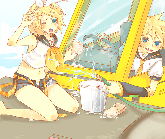 kl (dgzonbi), kagamine len, kagamine rin, vocaloid, md5 mismatch, 1boy, 1girl, barefoot, belt, blonde hair, blue eyes, brother and sister, detached sleeves, hair ornament, hairclip, hose, midriff, open fly, ribbon, short hair, shorts, siblings, twins, unbuckled, unzipped, water
