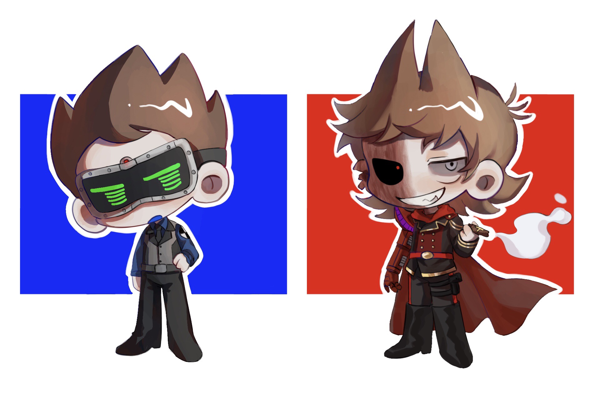 kafei146, tom (eddsworld), eddsworld, chinese commentary, commentary request, highres, 2boys, :d, :o, annoyed, antenna hair, belt, black boots, black jacket, black pants, black sclera, blue background, blue shirt, boots, border, brown hair, buttons, cape, chibi, chibi only, cigarette, collared shirt, colored sclera, full body, future tom (eddsworld), future tord (eddsworld), gold buttons, gold trim, green eyes, grey belt, grey eyes, grey vest, grin, hair behind ear, hair horns, hand on own hip, head-mounted display, heterochromia, high heel boots, high heels, holding, holding cigarette, hood, hood down, jacket, jitome, knee boots, long sleeves, looking at viewer, male focus, mechanical arms, mismatched sclera, multiple boys, no eyebrows, open mouth, outline, outside border, pants, red background, red belt, red cape, red eyes, shirt, short hair, simple background, single mechanical arm, smile, smoke, standing, tord (eddsworld), very short hair, vest, white border, white outline