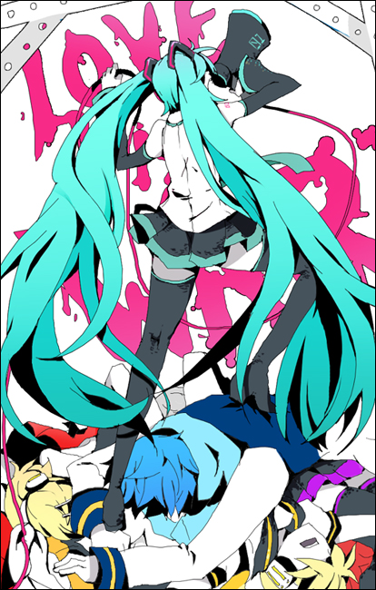 kl (dgzonbi), hatsune miku, kagamine len, kagamine rin, kaito (vocaloid), meiko (vocaloid), koi wa sensou (vocaloid), vocaloid, 2boys, 4girls, 6+girls, aqua hair, back, blue hair, brother and sister, detached sleeves, green hair, long hair, megaphone, multiple boys, multiple girls, siblings, thighhighs, twins, twintails, zettai ryouiki