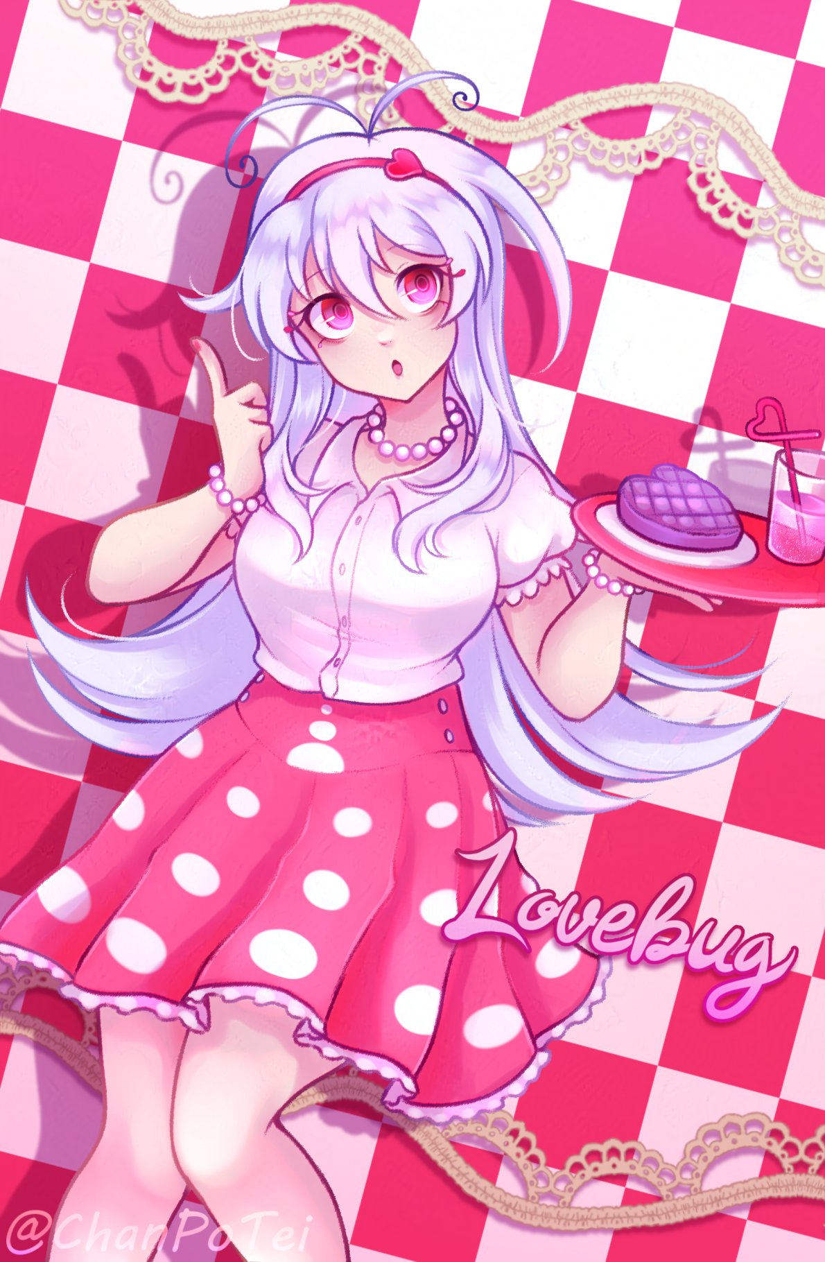 chanpotei, sukone tei, utau, adversarial noise, highres, 1girl, alternate costume, alternate eye color, antenna hair, bead bracelet, bead necklace, beads, bracelet, breasts, buttons, checkered background, cup, food, hairband, heart hairband, holding, holding plate, index finger raised, jewelry, large breasts, long hair, lovebug (utau), necklace, open mouth, pink eyes, pink hairband, pink skirt, plate, pleated skirt, polka dot, polka dot skirt, red nails, sidelocks, skirt, solo, twitter username, very long hair, white hair