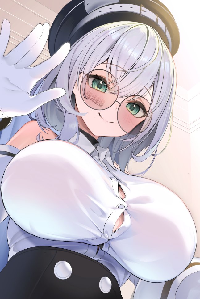 dokkumaa, shirogane noel, hololive, 1girl, breasts, button gap, from below, gloves, green eyes, grey hair, hair between eyes, hat, impossible clothes, large breasts, looking at viewer, short hair, smile, solo, tinted eyewear, virtual youtuber, white gloves