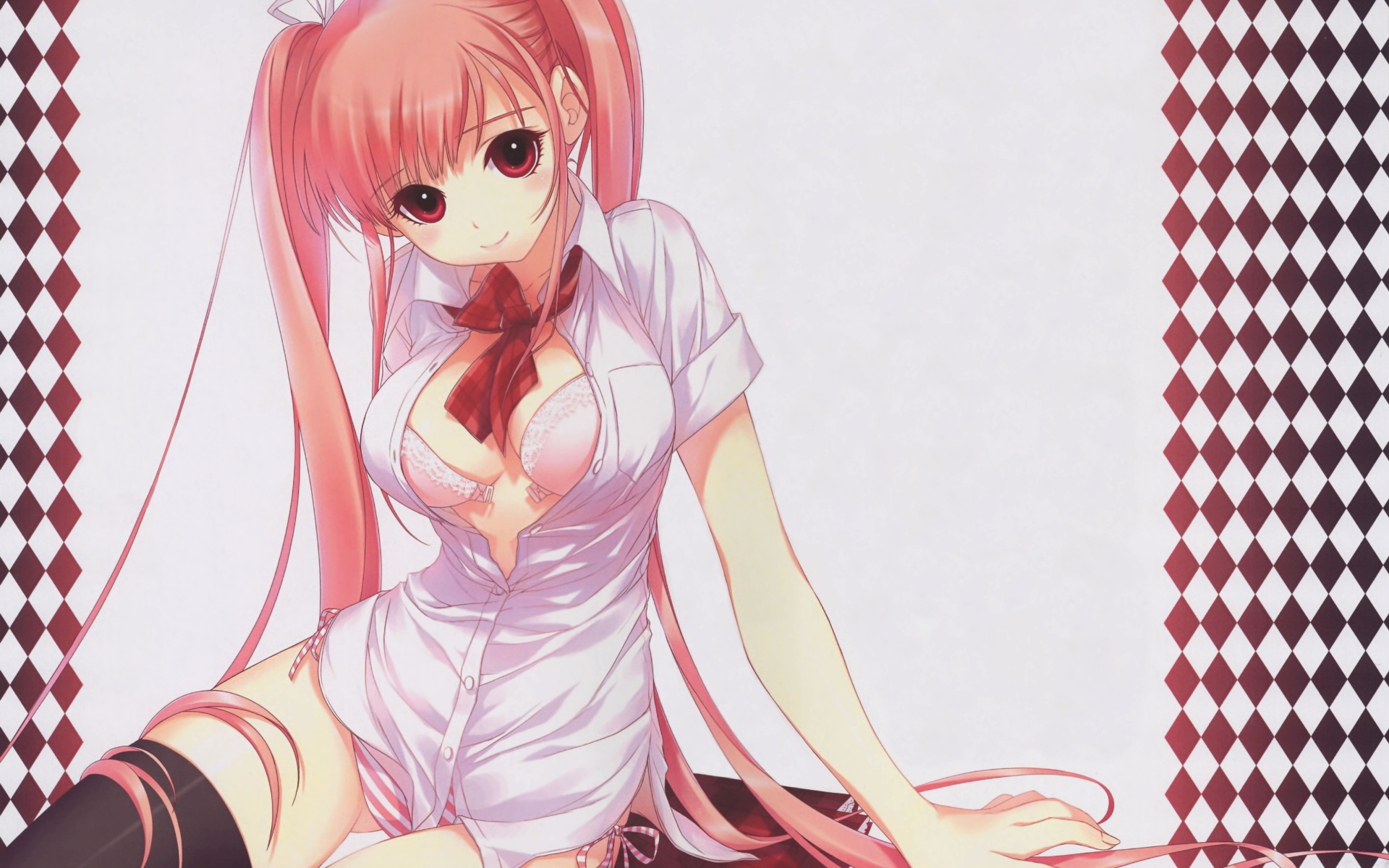 shirahane nao, original, highres, 1girl, bra, breasts, dress shirt, female focus, lingerie, long hair, no pants, open clothes, open shirt, panties, pink hair, red eyes, shirt, side-tie panties, solo, striped clothes, striped panties, thighhighs, twintails, underwear, very long hair