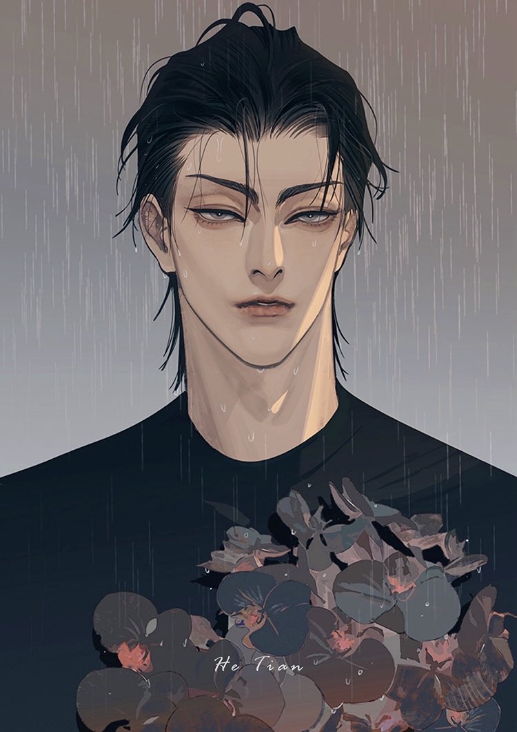 old xian, he tian, 19 tian, chinese commentary, commentary request, official art, 1boy, black hair, black shirt, bouquet, character name, closed mouth, flower, grey eyes, hair slicked back, holding, holding bouquet, lips, male focus, rain, shirt, short hair, solo, upper body, wet, wet hair