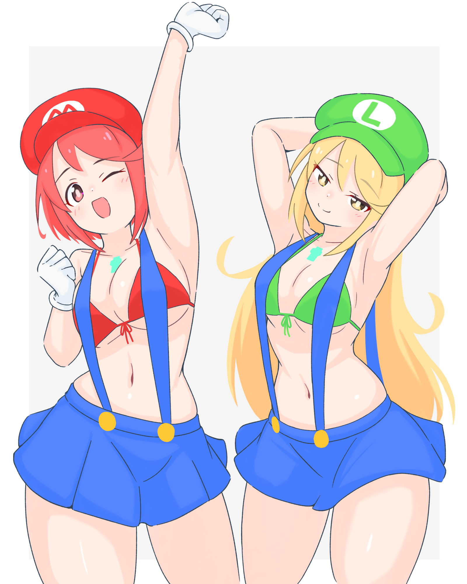 uncool mochi, luigi, mario, mythra (xenoblade), pyra (xenoblade), mario (series), nintendo, xenoblade chronicles (series), xenoblade chronicles 2, commentary request, highres, 2girls, adapted costume, arm behind head, arm up, bikini, bikini top only, blonde hair, blue skirt, bob cut, breasts, chest jewel, core crystal (xenoblade), cosplay, cowboy shot, gloves, green bikini, large breasts, long hair, luigi (cosplay), mario (cosplay), multiple girls, red bikini, red eyes, red hair, short hair, simple background, skirt, suspenders, swept bangs, swimsuit, white background, white gloves, yellow eyes