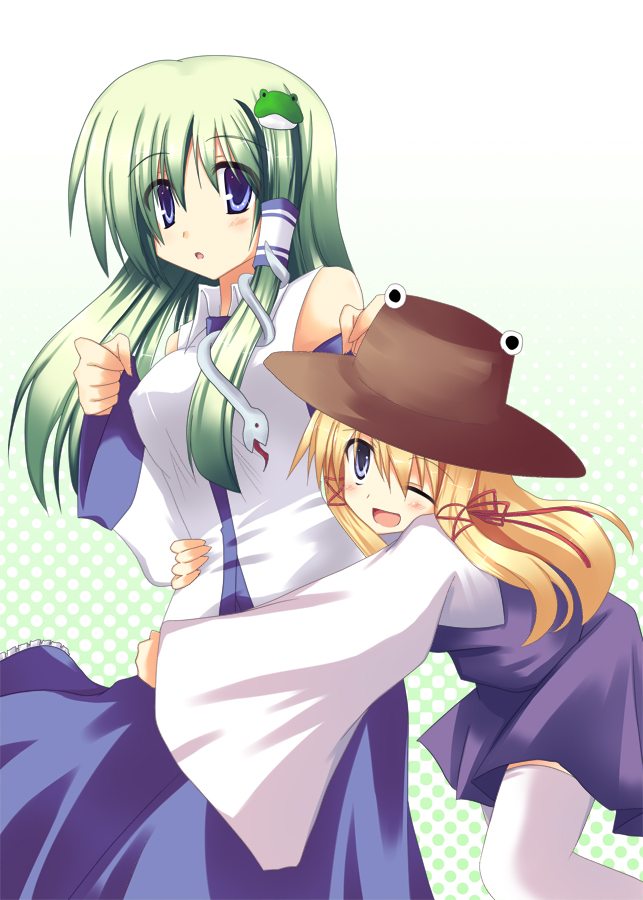 akane souichi, kochiya sanae, moriya suwako, touhou, bad id, bad pixiv id, 2girls, female focus, hat, multiple girls, thighhighs