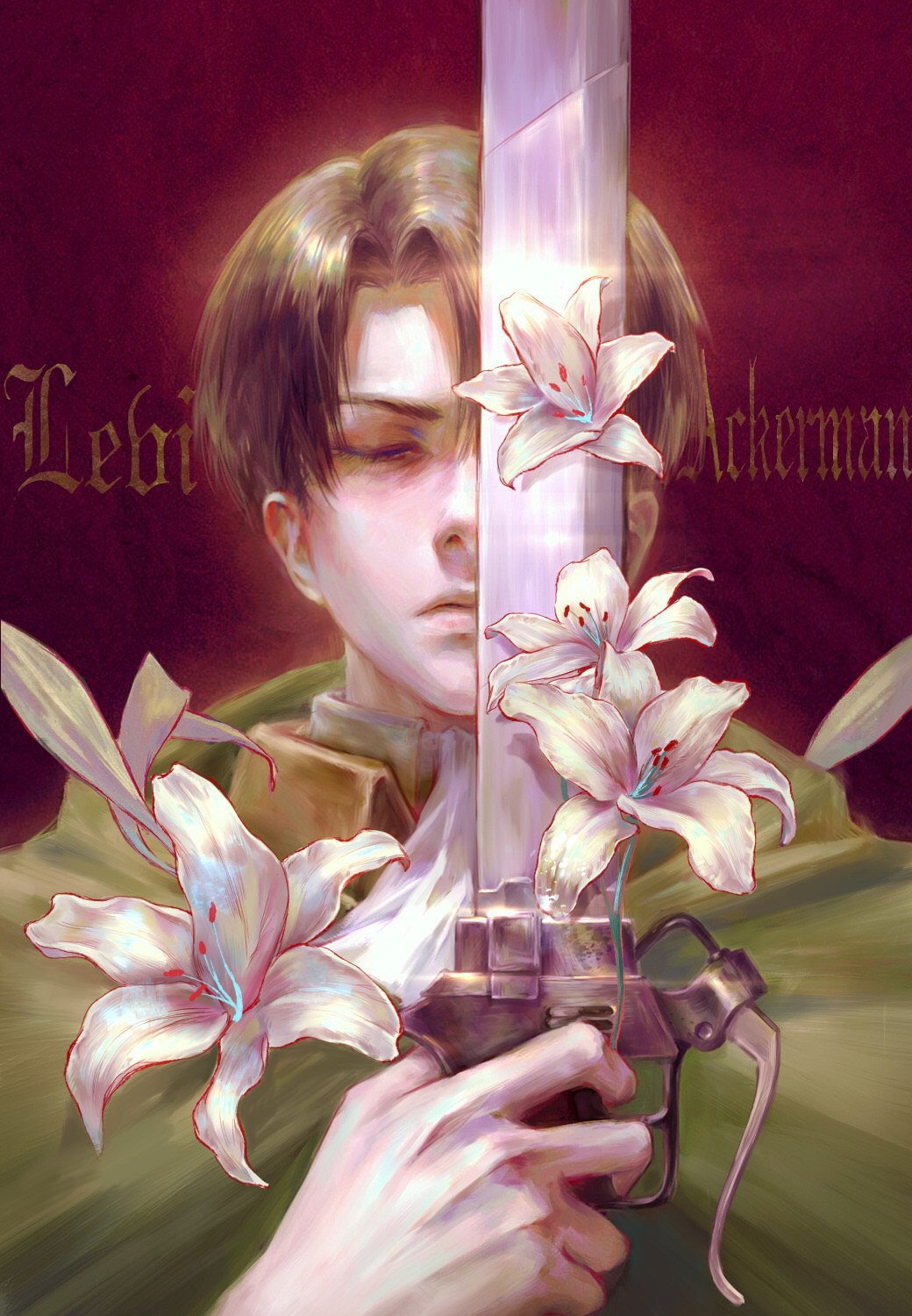 whistle 0324, levi (shingeki no kyojin), shingeki no kyojin, highres, 1boy, ascot, black hair, character name, cloak, closed eyes, closed mouth, collared shirt, flower, green cloak, hair between eyes, holding, holding sword, holding weapon, leaf, lily (flower), male focus, one eye covered, parted bangs, plant, red background, shirt, short hair, solo, sword, three-dimensional maneuver gear, upper body, weapon, white ascot, white flower, white shirt