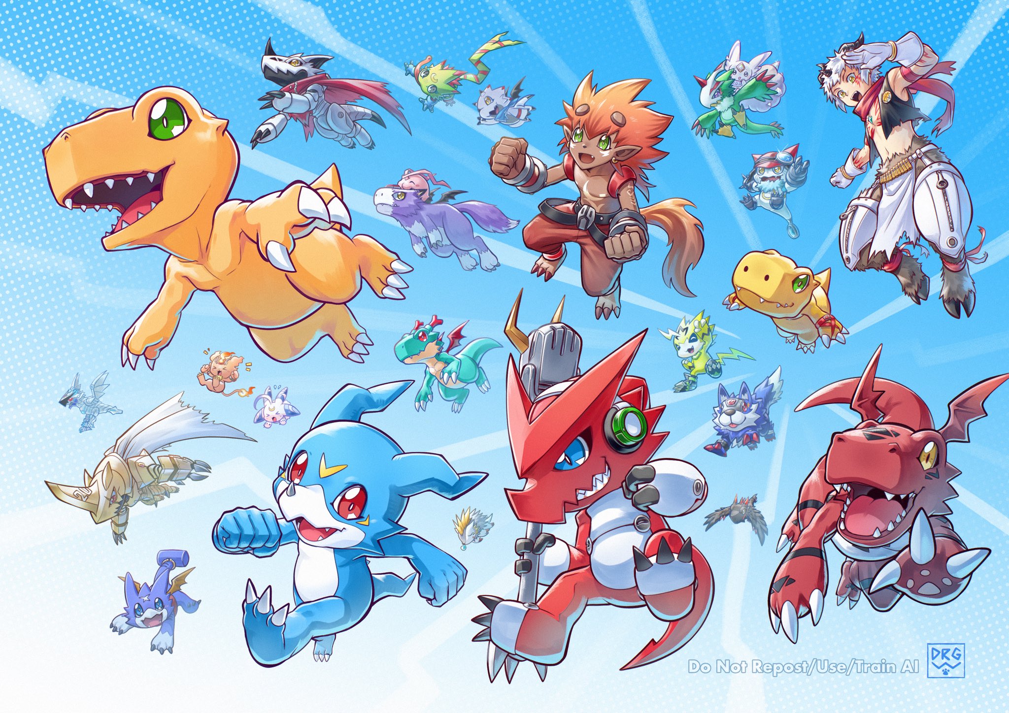 slayer dramonz, aegiomon, agumon, agumon (digimon savers), coronamon, dorumon, dracomon, flamon, gammamon, gatchmon, gekkomon, gemmon, guilmon, gumdramon, hackmon (digimon), herissmon, jazamon, loogamon, lunamon, pteromon, pulsemon, shoutmon, tokomon, tokomon x-antibody, v-mon, vorvomon, zubamon, digimon, digimon adventure, digimon adventure 02, digimon beatbreak, digimon card game, digimon frontier, digimon ghost game, digimon linkz, digimon rearise, digimon savers, digimon seekers, digimon story: sunburst and moonlight, digimon story: time stranger, digimon tamers, digimon universe: appli monsters, digimon xros wars, digimon xros wars: toki wo kakeru shounen hunter-tachi, digital monster x-evolution, highres, 2boys, animal legs, appmon, bird, black vest, black wings, blue background, blue eyes, body fur, brown fur, chest jewel, cloak, digimon (creature), digimon alysion, dinosaur, dragon, everyone, facial mark, forehead jewel, gecko, green eyes, grey hair, group picture, hedgehog, holding, holding microphone stand, horns, lion, lizard, long tongue, microphone stand, multiple boys, no shirt, non-humanoid robot, rabbit, red cloak, red wings, robot, robot animal, robot bird, simple background, tongue, tongue out, trait connection, vest, watermark, wings, wolf