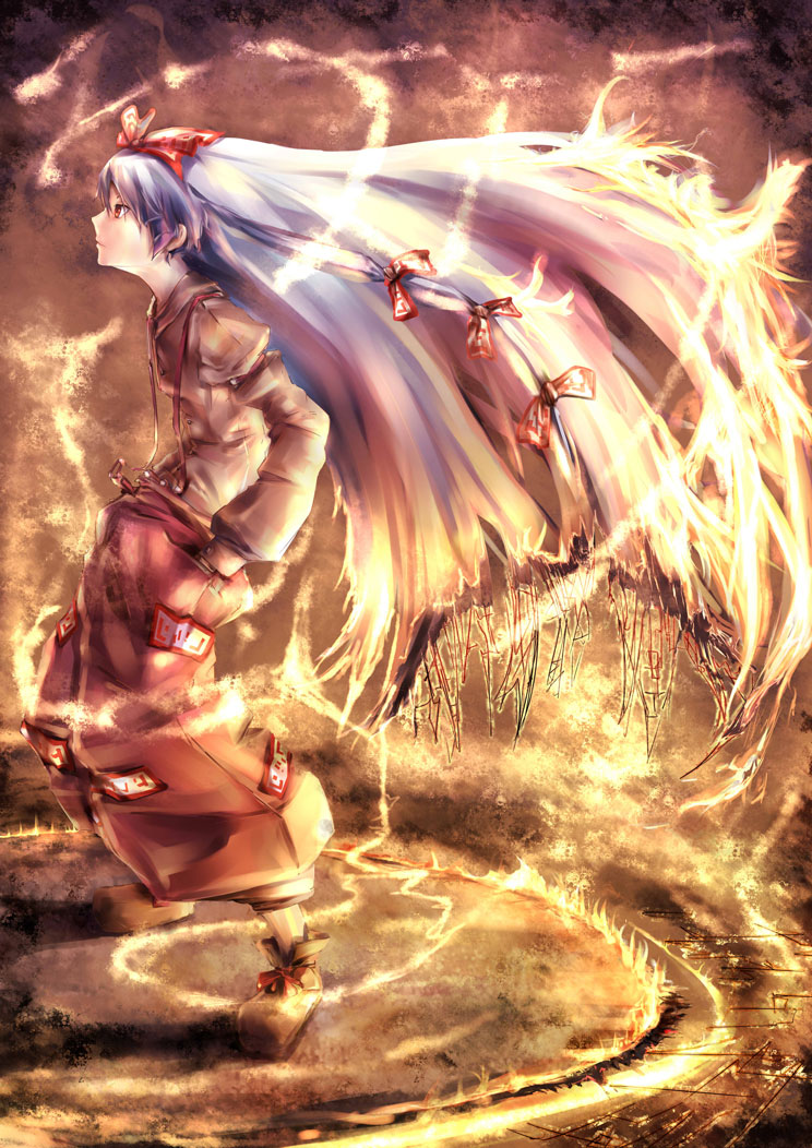 akakatta, fujiwara no mokou, touhou, silver hair, bad id, bad pixiv id, 1girl, female focus, fire, hair ribbon, hands in pockets, long hair, looking up, pants, profile, red eyes, ribbon, shirt, shoes, solo, standing, suspenders, very long hair