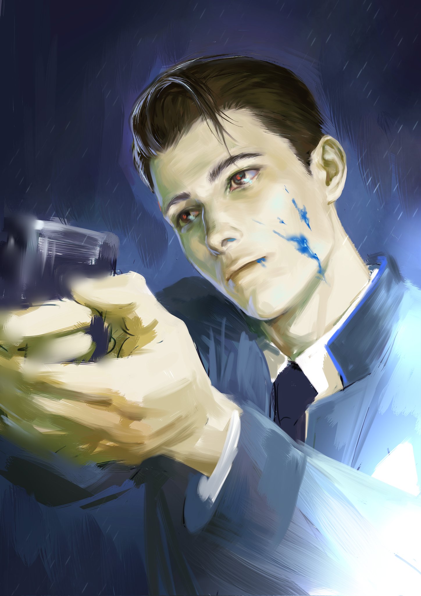 whistle 0324, connor (detroit), detroit: become human, highres, 1boy, aiming, black necktie, blood, blood on face, blue background, blue blood, brown hair, closed mouth, collared shirt, formal clothes, grey jacket, grey suit, gun, hair slicked back, handgun, holding, holding gun, holding weapon, jacket, male focus, necktie, red pupils, shirt, short hair, simple background, solo, suit, suit jacket, weapon, white shirt