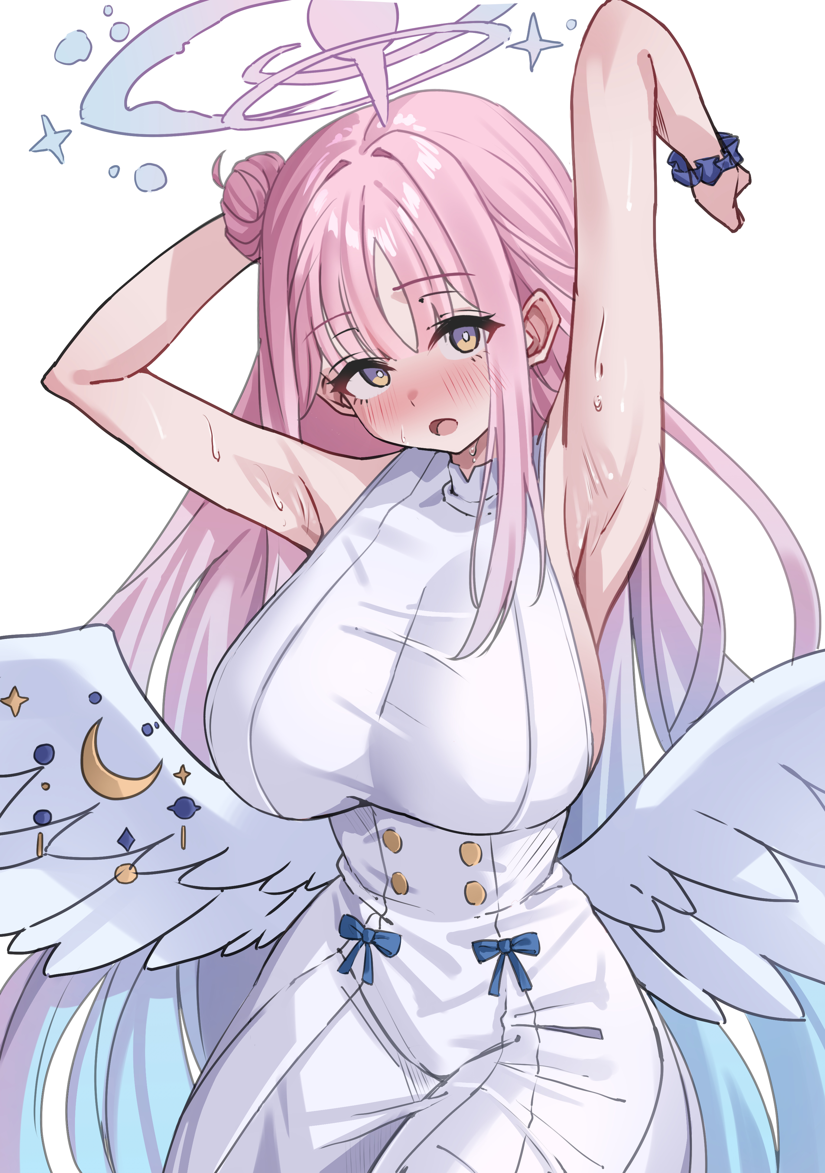 uyufuzi s, mika (blue archive), blue archive, absurdres, commentary request, highres, partial commentary, 1girl, :o, alternate breast size (larger), aqua hair, armpits, arms up, blush, breasts, dress, feathered wings, gradient hair, hair bun, halo, huge breasts, long hair, looking at viewer, multicolored hair, pink hair, presenting armpit, scrunchie, sideboob, simple background, single side bun, sleeveless, sleeveless dress, solo, sweat, very long hair, white background, white dress, white wings, wings, wrist scrunchie, yellow eyes