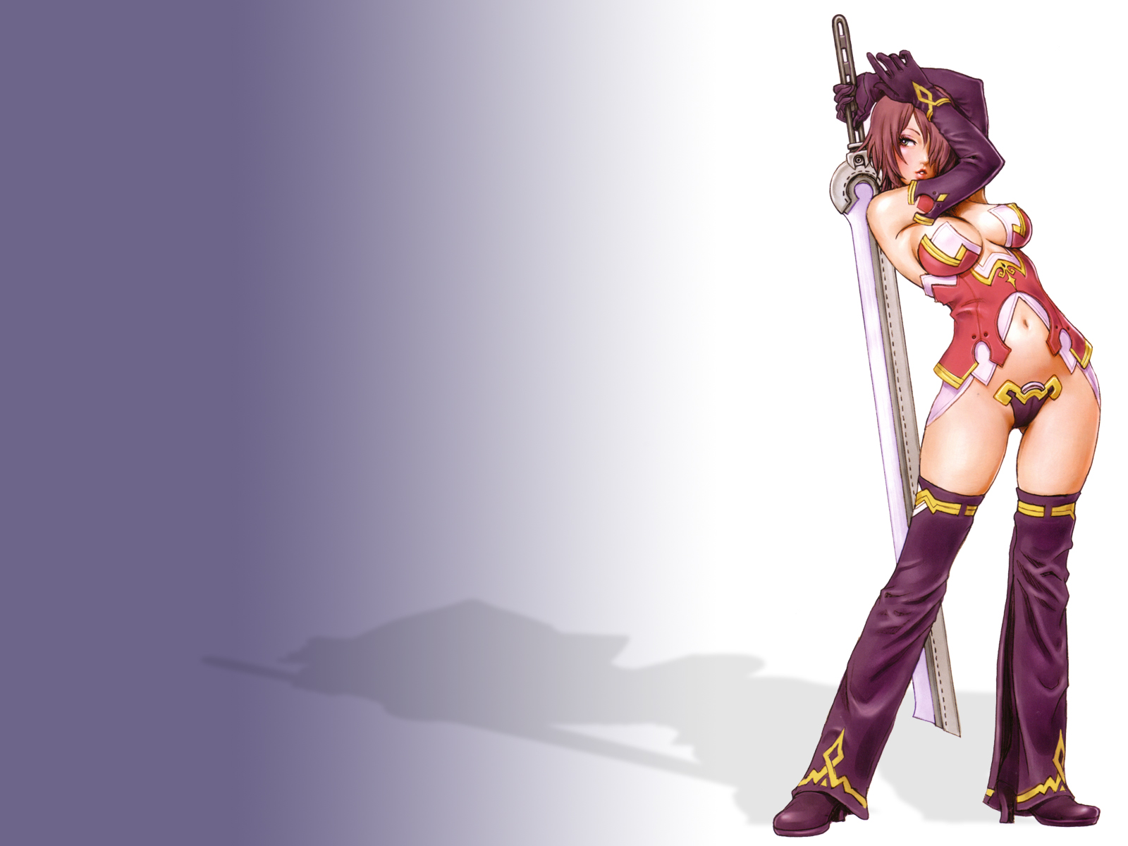 highres, tagme, breasts, gradient background, navel, sword, weapon