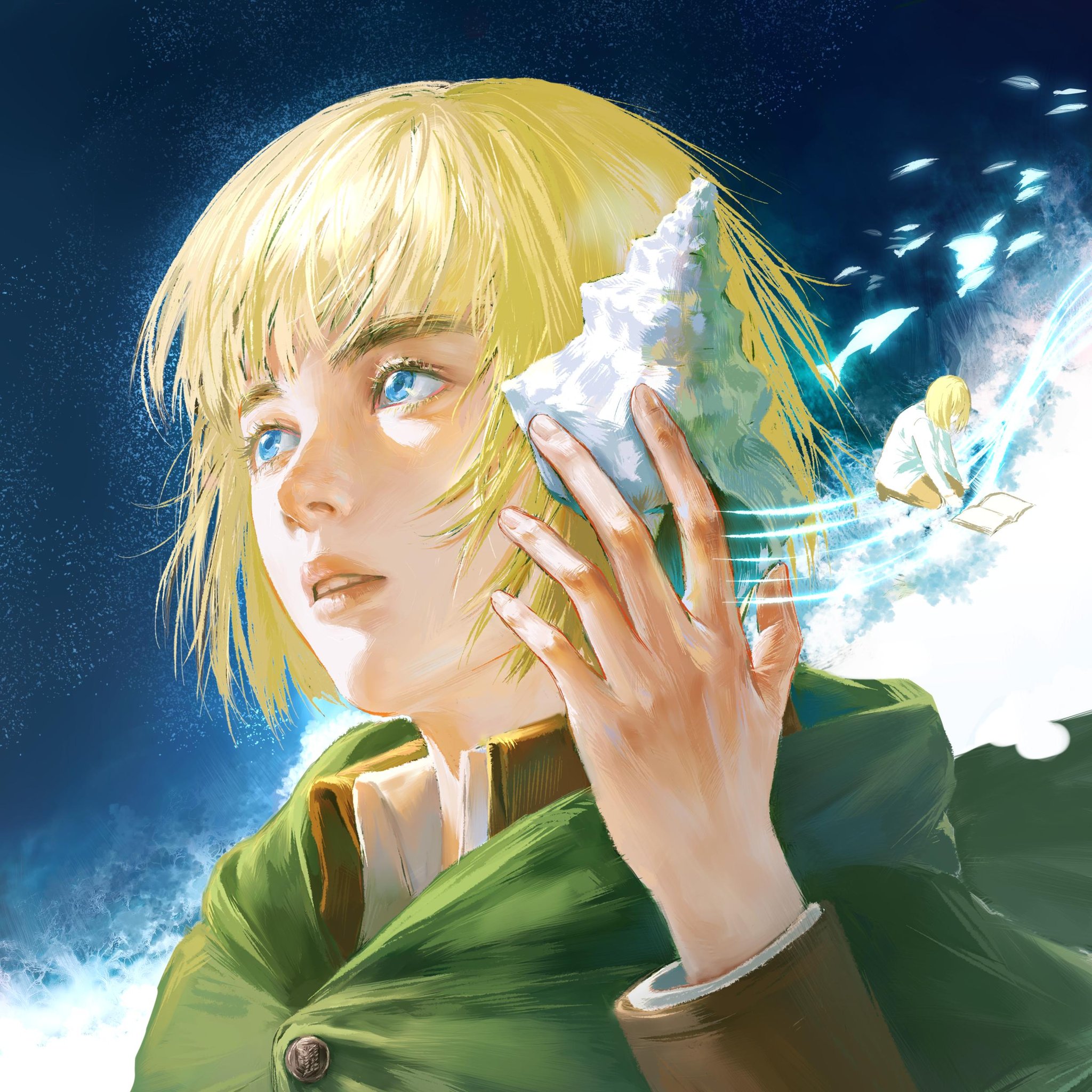 whistle 0324, armin arlert, shingeki no kyojin, highres, 1boy, androgynous, blonde hair, blue background, blue eyes, book, brown jacket, brown pants, cloak, collared shirt, dolphin, green cloak, holding, holding shell, jacket, kneeling, open book, pants, parted lips, reading, shell, shell to ear, shirt, short hair, solo, upper body, white shirt