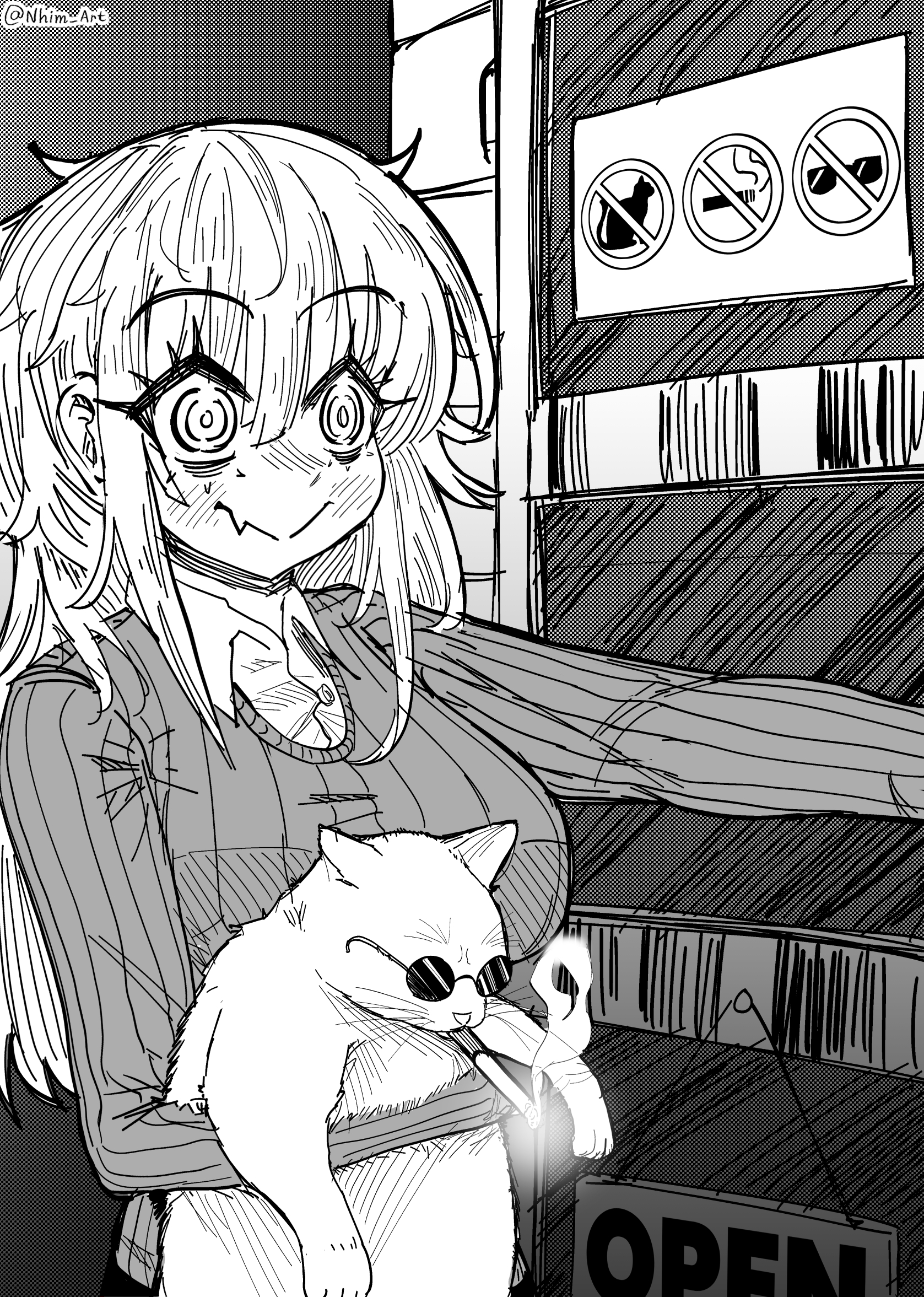 nhim, mimi (nhim), original, commentary, english commentary, highres, 1girl, @ @, artist name, bags under eyes, breasts, cat, cigarette, door, fang, large breasts, long hair, no smoking, open door, open sign, rebel, rules, sign, skin fang, smoke, smoking, sunglasses, sweater, white cat