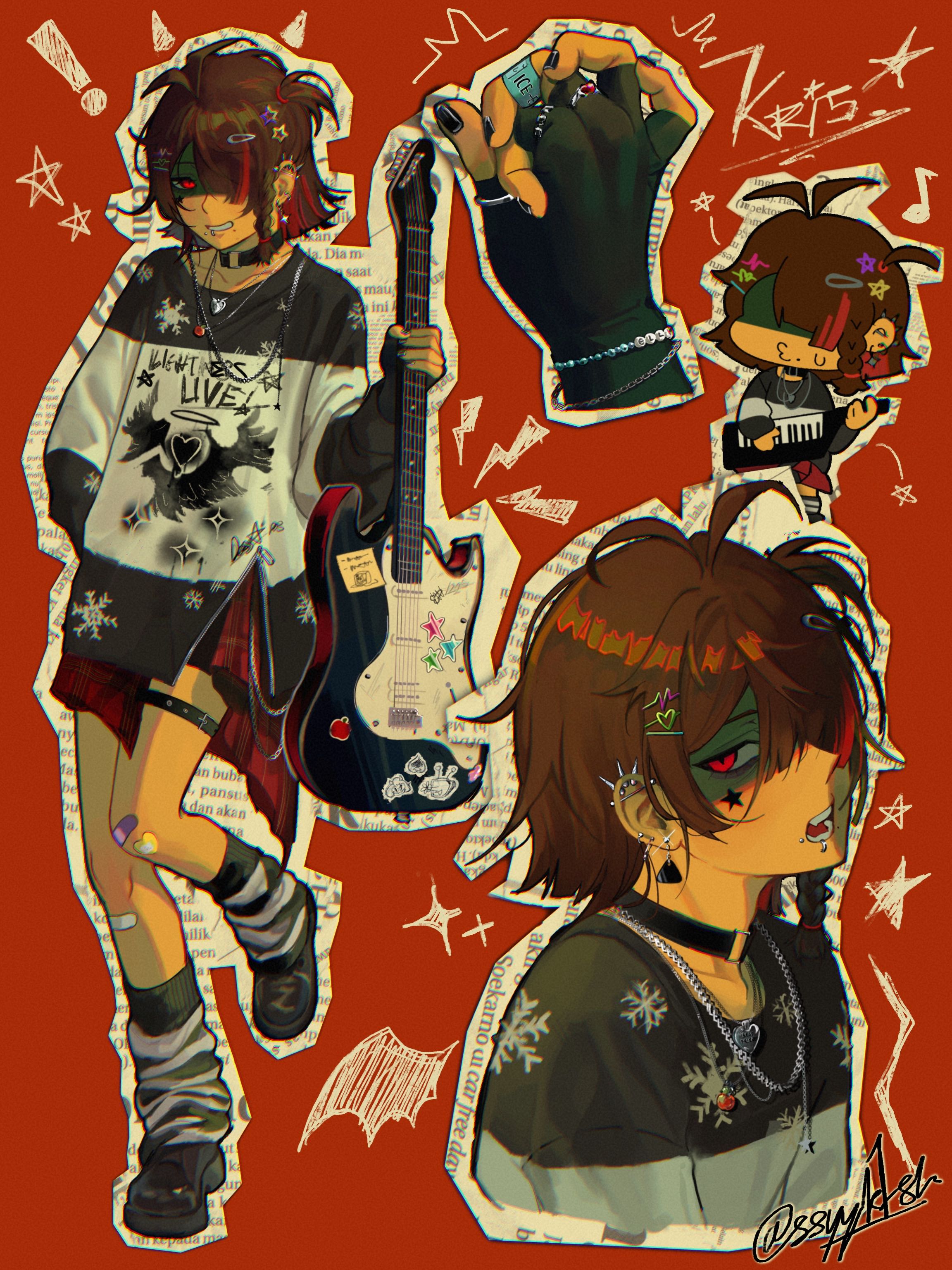 kris (deltarune), deltarune, utdr (toby fox), absurdres, commentary, english commentary, highres, !, 1other, :d, alternate costume, alternate hairstyle, antenna hair, bandaid, bandaid on finger, bandaid on hand, bandaid on knee, bandaid on leg, bike shorts, bike shorts under skirt, black choker, black gloves, black nails, black shirt, black shoes, black socks, braid, braided sidelock, brown hair, chain, chain necklace, character name, choker, chromatic aberration, closed mouth, clothes writing, collarbone, colored inner hair, cropped torso, drawn horns, earrings, english text, face piercing, facial mark, fang, film grain, fingerless gloves, full body, gloves, grin, guitar, hair ornament, hair over one eye, hair tie, hairclip, heart, holding, holding guitar, holding instrument, instrument, jewelry, knees together feet apart, long sleeves, loose socks, miniskirt, mole, mole under mouth, mouth piercing, multicolored hair, multiple views, musical note, nail polish, necklace, o-ring, o-ring choker, one eye covered, one side up, open mouth, other focus, outline, piercing, plaid clothes, plaid skirt, pleated skirt, puffy long sleeves, puffy sleeves, red eyes, red hair, red skirt, ring, shaded face, shirt, shoes, short hair, side braid, side slit, single braid, single fingerless glove, single glove, skirt, smile, snowflake print, socks, sparkle, spiked ear piercing, ssyyk1sk, standing, standing on one leg, star (symbol), star facial mark, star hair ornament, streaked hair, striped clothes, striped shirt, striped socks, teeth, thigh strap, tongue, twitter username, two-tone hair, two-tone shirt, two-tone socks, white outline, white shirt, white socks