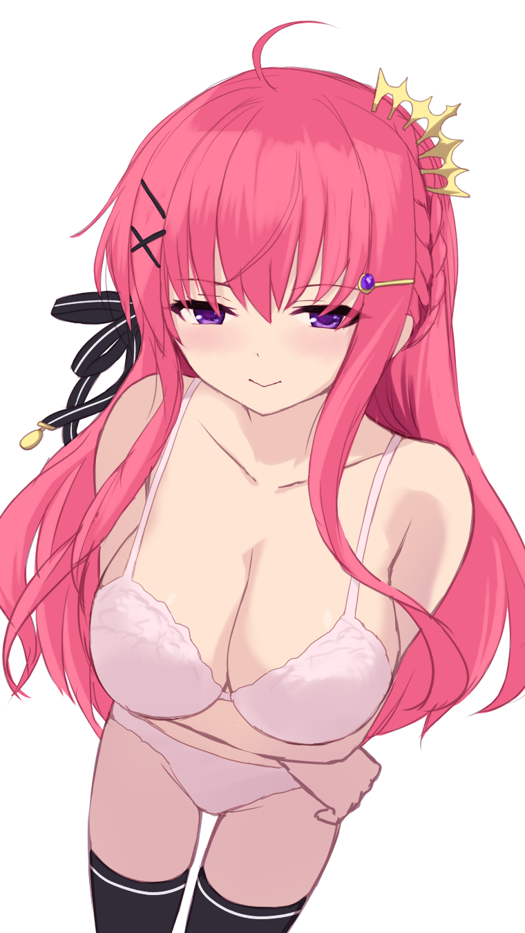 cait aron, ousaka asuha, alia's carnival!, commentary, commentary request, english commentary, highres, mixed-language commentary, 1girl, ahoge, arms under breasts, bare shoulders, black thighhighs, bra, breasts, cleavage, collarbone, crossed arms, from above, gem, hair between eyes, hair ornament, large breasts, long hair, panties, pink bra, pink hair, pink panties, purple eyes, purple gemstone, sidelocks, simple background, smile, solo, thighhighs, underwear, underwear only, white background