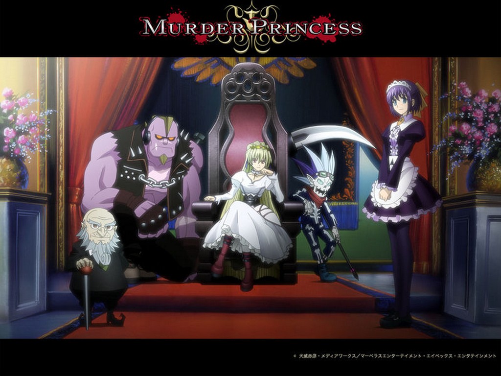 alita forland, dominikov, falis (murder princess), pete armstrong, murder princess, tagme, 00s, blood, copyright name, full body, scythe, sitting, text focus