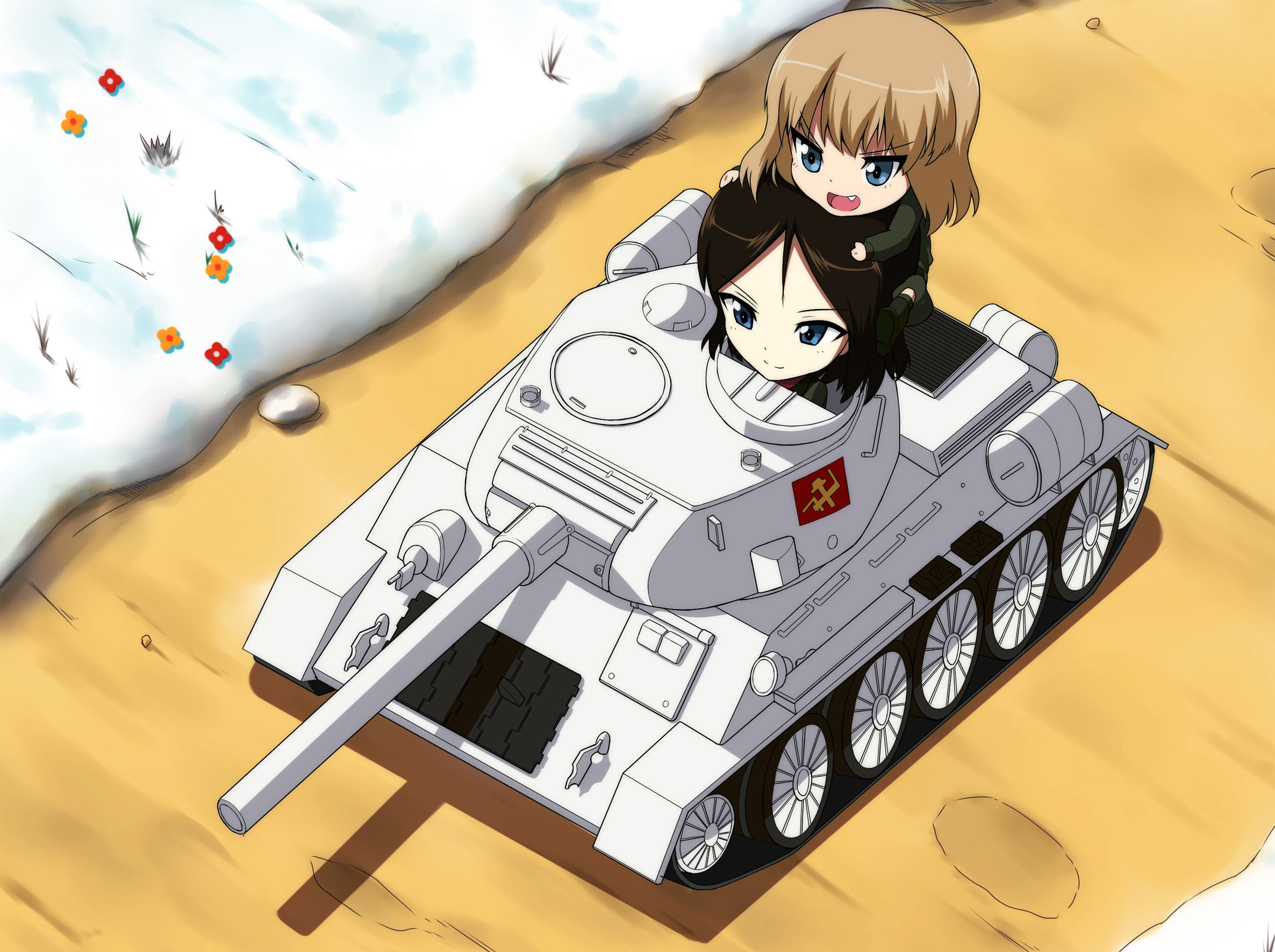 youmou usagi, katyusha (girls und panzer), nonna (girls und panzer), t-34, girls und panzer, highres, 2girls, blonde hair, blue eyes, boots, brown hair, emblem, enter enter mission!, fang, green boots, hatch, jacket, long hair, long sleeves, looking at viewer, military, military uniform, military vehicle, motor vehicle, multiple girls, open mouth, pravda (emblem), pravda military uniform, short hair, smile, snow, t-34-85, tank