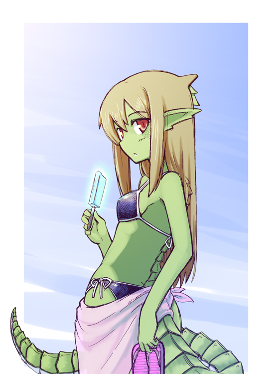 jingai modoki, ryuujin no senpai, original, 1girl, bikini, brown hair, colored skin, covered erect nipples, dragon girl, dragon tail, female focus, food, green skin, long hair, looking back, monster girl, popsicle, red eyes, reptile girl, scales, side-tie bikini bottom, solo, swimsuit, tail, towel