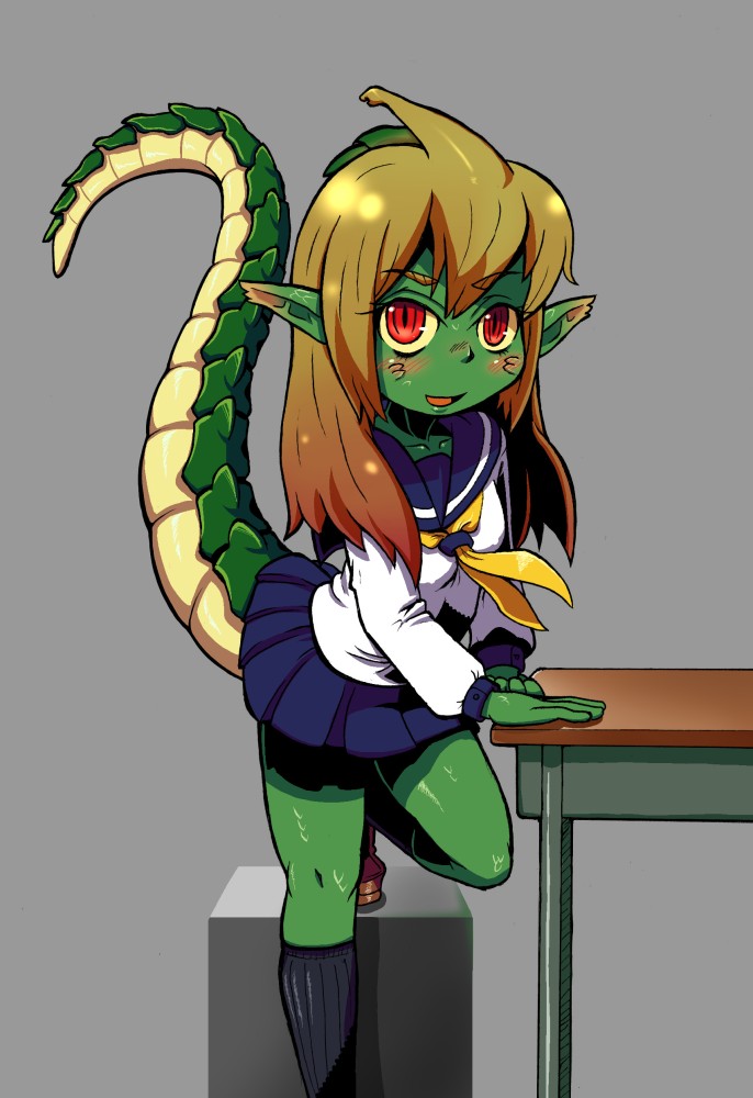 soxy, ryuujin no senpai, original, bad id, bad pixiv id, 1girl, blush, brown hair, colored skin, desk, dragon girl, dragon tail, female focus, green skin, long hair, monster girl, open mouth, pointy ears, red eyes, scales, school uniform, serafuku, skirt, socks, solo, tail