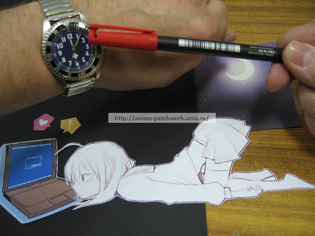 papercraft (medium), photo (medium), unconventional media, !, 1girl, computer, computer keyboard, heart, laptop, lying, on stomach, paper child, solo focus, tears, top-down bottom-up, watch, watermark, web address, wristwatch