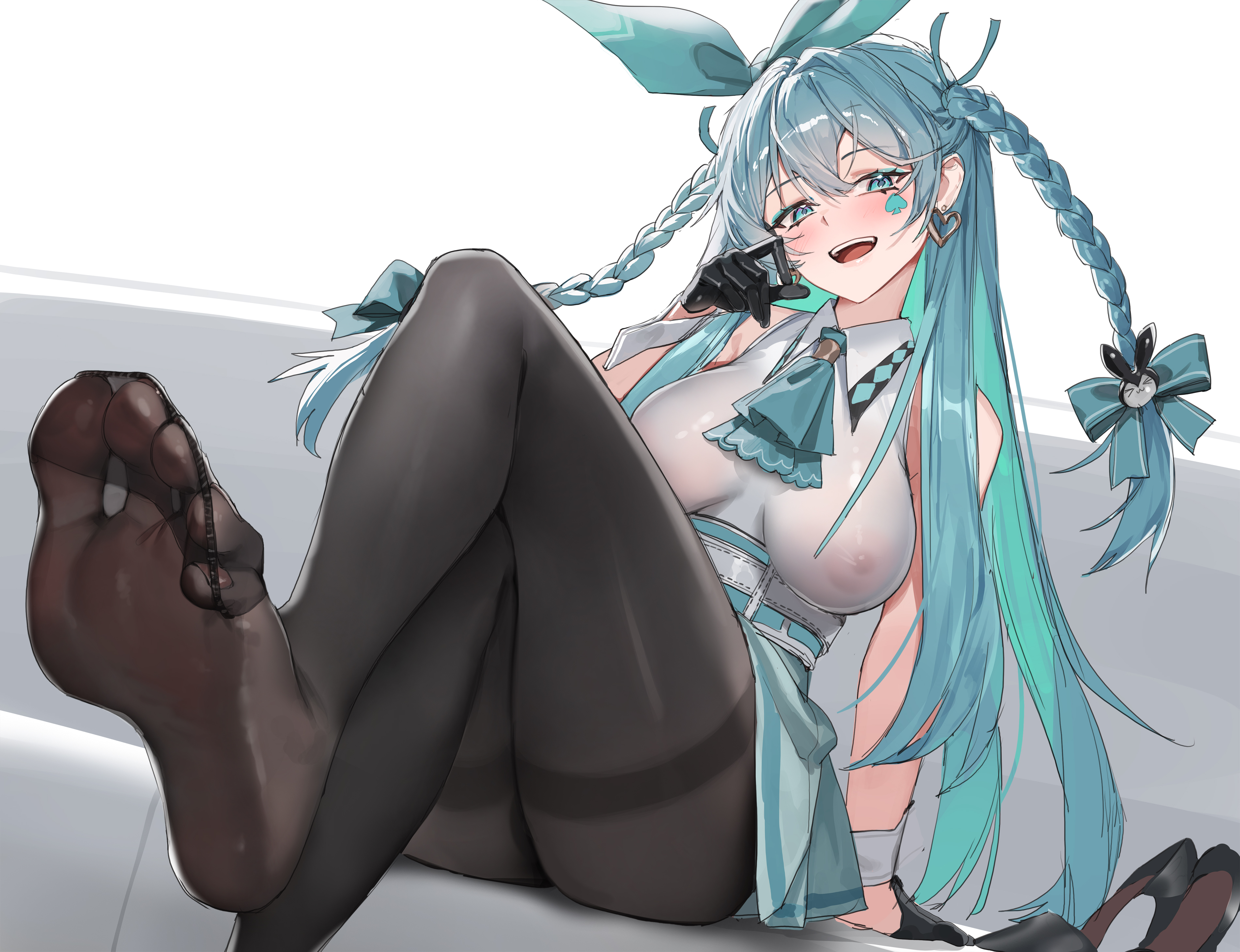 tunamayo (dsasd751), emma hardy, black survival, eternal return: black survival, absurdres, highres, 1girl, aqua skirt, ascot, bare shoulders, belt, black gloves, black pantyhose, blue eyes, blue hair, braid, breasts, collared shirt, covered erect nipples, eyeshadow, facial mark, feet, gloves, hair ribbon, hand up, high-waist skirt, high heels, large breasts, leg up, long hair, looking at viewer, makeup, miniskirt, no bra, no shoes, open mouth, pantyhose, presenting foot, ribbon, see-through clothes, see-through shirt, shirt, shoes, sitting, skirt, sleeveless, sleeveless shirt, smile, soles, solo, thighband pantyhose, toes, twin braids, two side up, unworn shoes, very long hair, white shirt, wrist cuffs