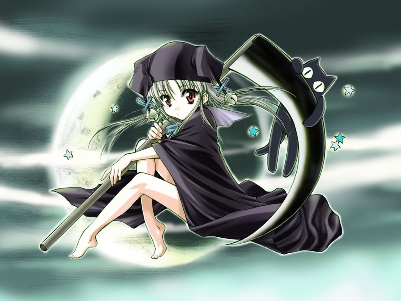 nanashi no shoujo, suika (visual novel), tagme, 00s, cat, cat tail, scythe, star (symbol), tail, toes