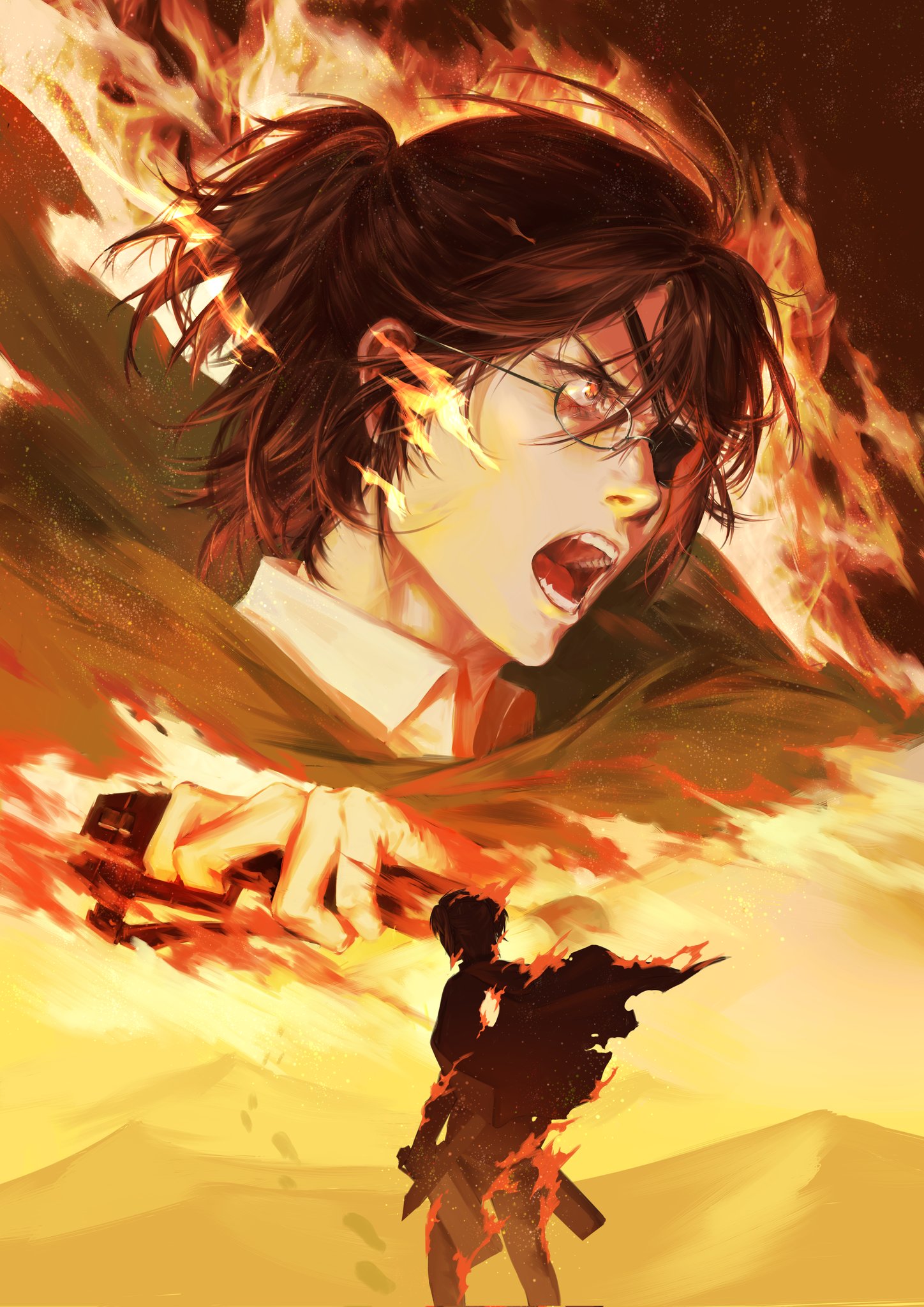 whistle 0324, hange zoe, shingeki no kyojin, highres, 1other, brown hair, burning, cloak, eyepatch, fighting stance, furrowed brow, glasses, green cloak, hair over one eye, holding, holding weapon, medium hair, open mouth, ponytail, red eyes, sand dune, shouting, solo, torn clothes, weapon