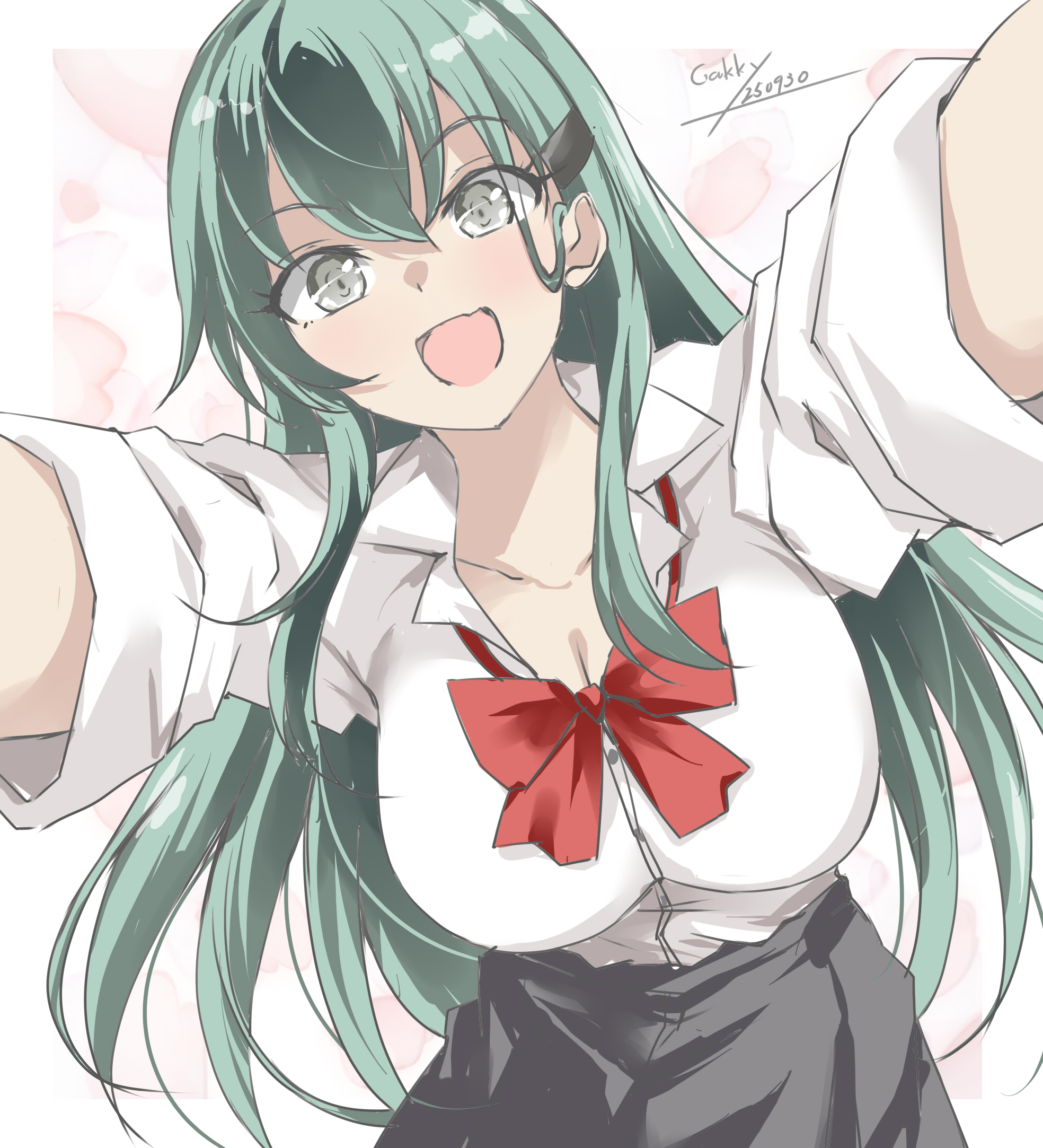 gakky, suzuya (kancolle), suzuya kai ni (kancolle), kantai collection, highres, 1girl, aqua eyes, aqua hair, artist name, blush, bow, bowtie, breasts, brown skirt, dated, hair ornament, hairclip, large breasts, long hair, looking at viewer, open mouth, petals, pleated skirt, school uniform, shirt, skirt, sleeves rolled up, smile, solo, upper body, white background, white shirt