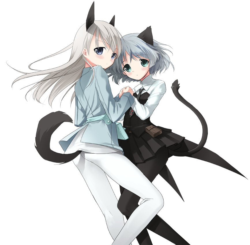 kimishima ao, eila ilmatar juutilainen, sanya v. litvyak, strike witches, world witches series, silver hair, 00s, 2girls, animal ears, ass, black pantyhose, blue eyes, green eyes, holding hands, long hair, multiple girls, pantyhose, short hair, tail, white pantyhose