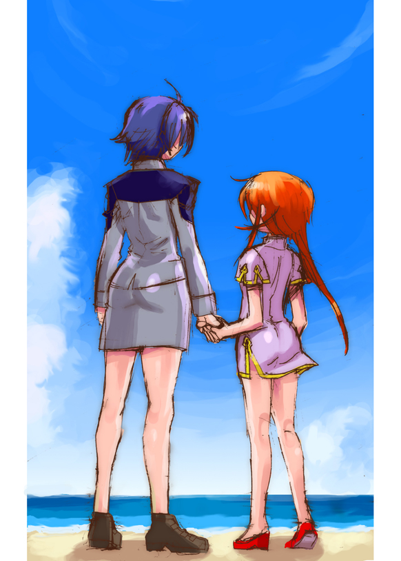 m ganzy, ixveria, subaru nakajima, lyrical nanoha, mahou shoujo lyrical nanoha, mahou shoujo lyrical nanoha strikers, mahou shoujo lyrical nanoha strikers sound stage x, 00s, 2girls, ahoge, ass, beach, black hair, braid, day, from behind, horizon, multiple girls, ocean, outdoors, red hair, sand, single braid, skin tight, standing, water, yuri