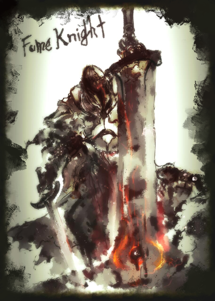 fume knight, dark souls (series), dark souls ii, commentary request, highres, 1boy, armor, breastplate, character name, greatsword, grey background, helm, helmet, holding, holding sword, holding weapon, knight, male focus, shugyosha, solo, sword, weapon