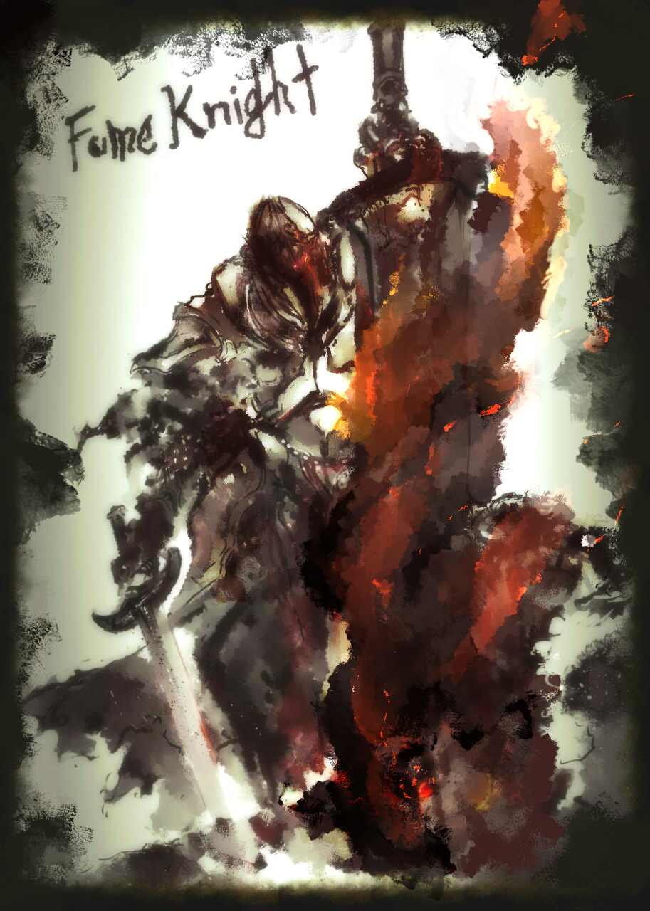 fume knight, dark souls (series), dark souls ii, commentary request, highres, 1boy, armor, breastplate, character name, fire, greatsword, grey background, helm, helmet, holding, holding sword, holding weapon, knight, male focus, shugyosha, solo, sword, weapon