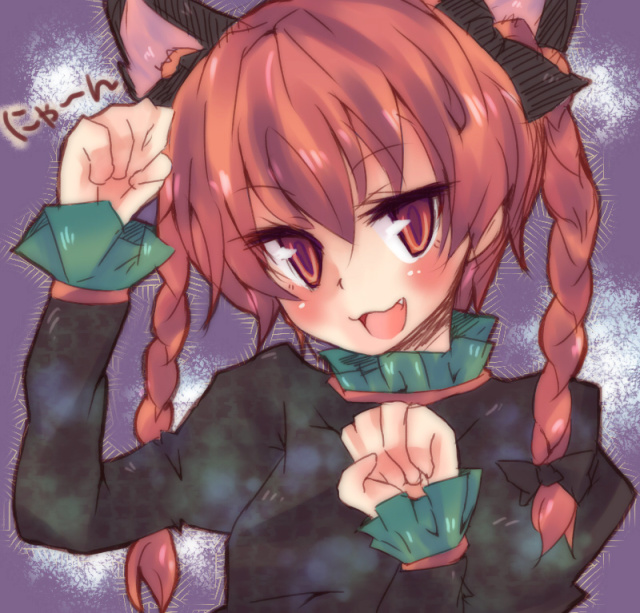 nonaka, kaenbyou rin, touhou, bad id, bad pixiv id, 1girl, :3, animal ears, braid, cat ears, cat girl, fang, female focus, hair ribbon, paw pose, red eyes, red hair, ribbon, solo, twin braids, twintails, upper body