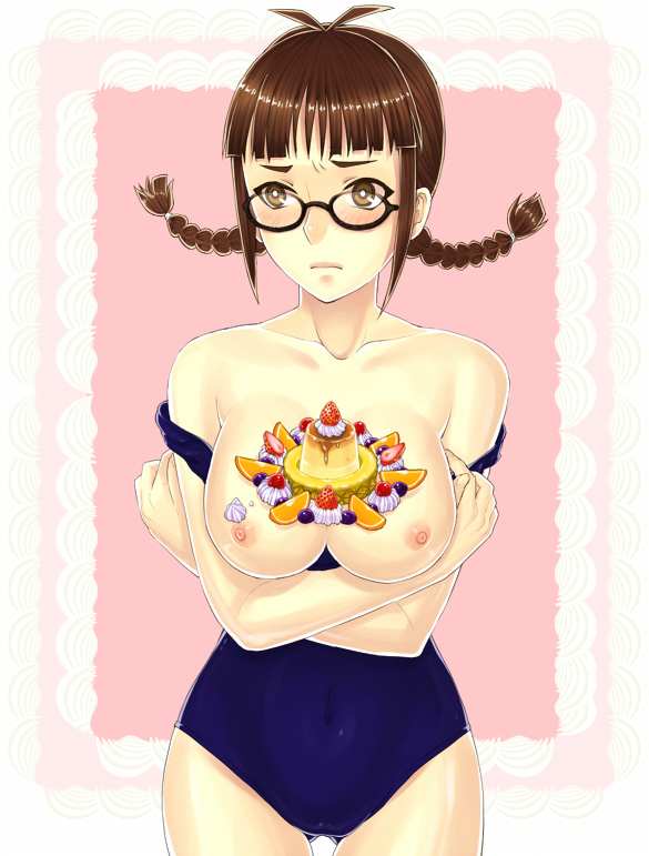 ozonenozo, akizuki ritsuko, idolmaster, idolmaster (classic), idolmaster 1, breast hold, 00s, 1girl, antenna hair, blush, braid, breasts, brown eyes, brown hair, clothes pull, dessert, female focus, food, glasses, gluteal fold, large breasts, one-piece swimsuit, one-piece swimsuit pull, solo, swimsuit, twin braids