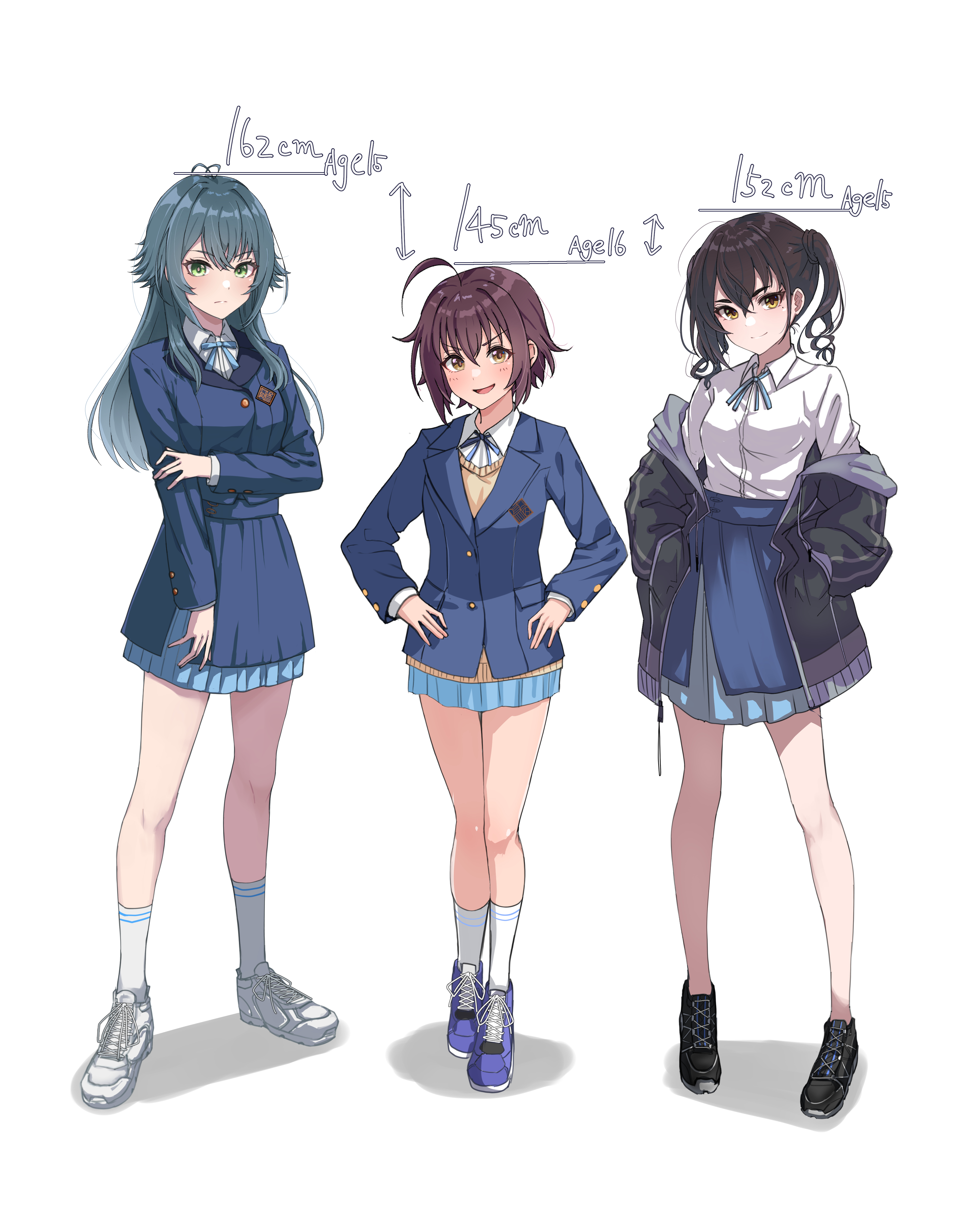 6kus, sunazuka akira, tsukimura temari, wakiyama tamami, gakuen idolmaster, idolmaster, idolmaster cinderella girls, absurdres, commentary request, highres, ahoge, antenna hair, bare legs, black hair, black jacket, blazer, blue jacket, blue overskirt, blue ribbon, blue skirt, blush, brown hair, character age, dress shirt, full body, green hair, hair flaps, hatsuboshi gakuen school uniform, height, in-franchise crossover, jacket, jacket partially removed, looking at viewer, mole, mole under eye, neck ribbon, pleated skirt, ribbon, school uniform, shirt, shirt tucked in, shoes, simple background, skirt, smile, sneakers, socks, sweater, twintails, white background, white shirt, white socks, yellow sweater