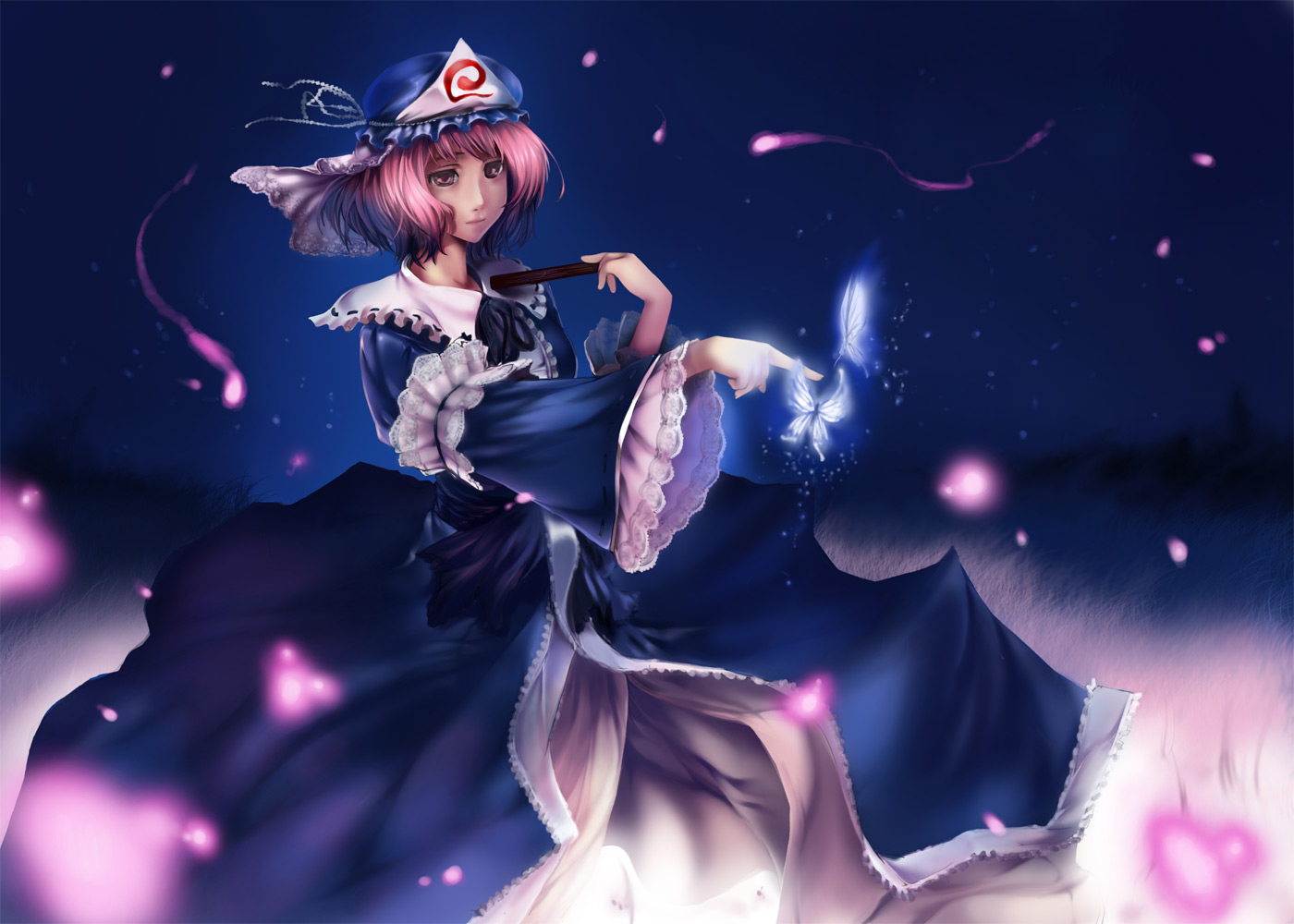 abubu, saigyouji yuyuko, touhou, 1girl, bug, butterfly, dress, female focus, hat, night, outdoors, pink eyes, pink hair, short hair, sky, solo
