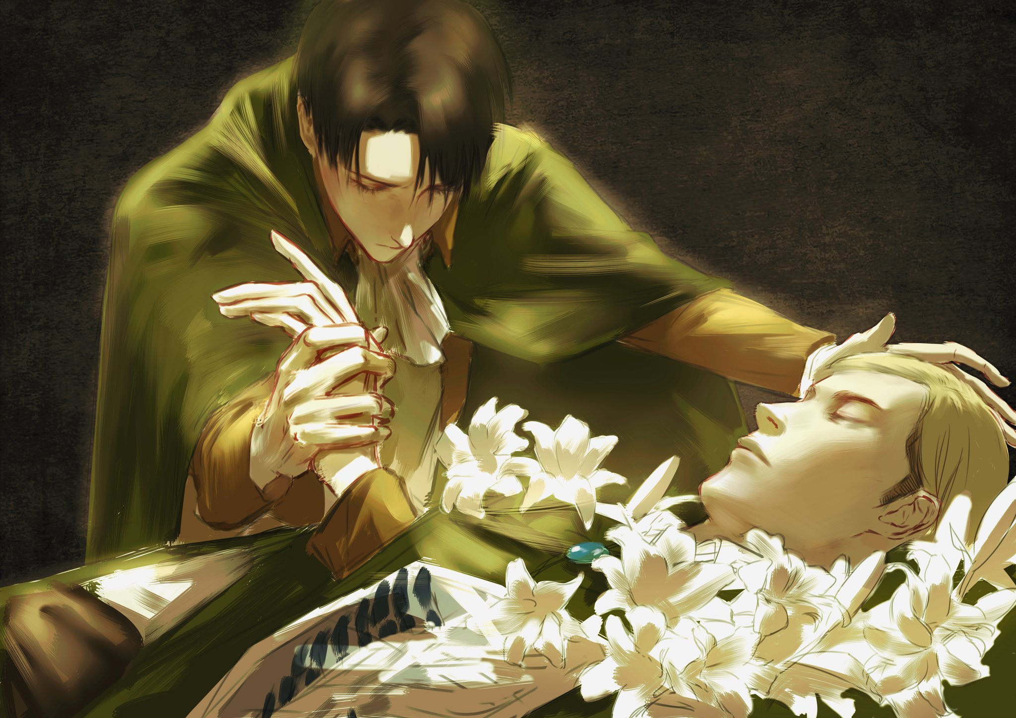 whistle 0324, erwin smith, levi (shingeki no kyojin), shingeki no kyojin, highres, 2boys, ascot, black background, black hair, blonde hair, brown jacket, cloak, closed eyes, closed mouth, death, flower, gloves, green cloak, hair between eyes, hand on another's head, holding hands, jacket, lily (flower), lying, male focus, multiple boys, on back, parted bangs, shirt, short hair, upper body, white ascot, white gloves, white shirt