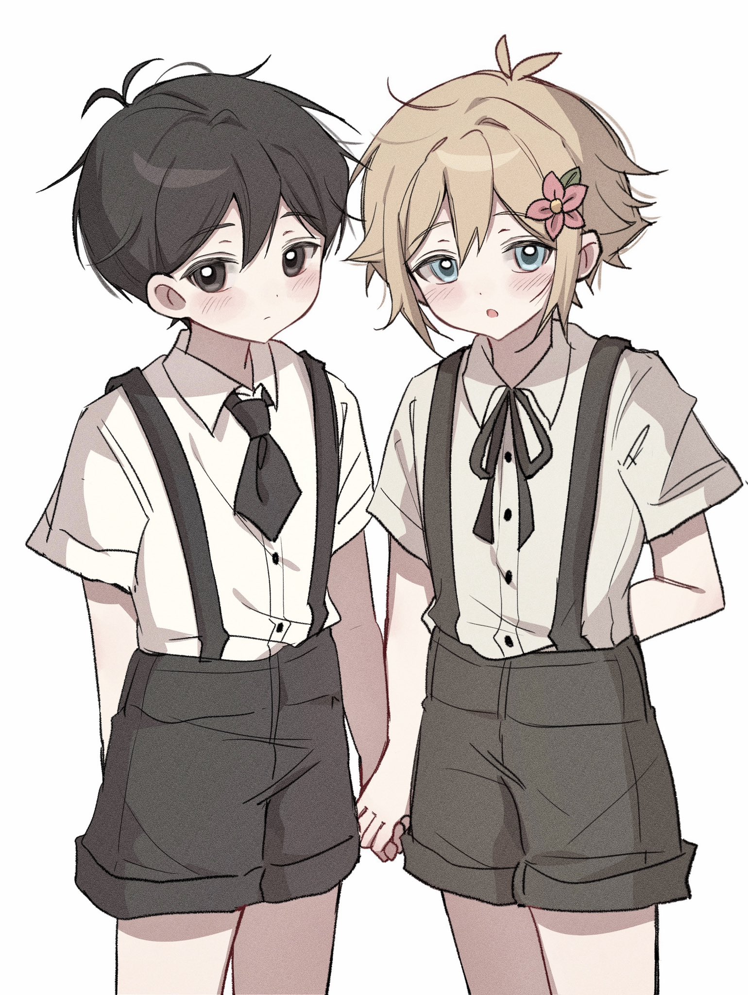 basil (faraway) (omori), basil (omori), sunny (omori), omori, hashtag-only commentary, highres, 2boys, :o, antenna hair, arm behind back, black eyes, black hair, black necktie, black ribbon, black shorts, blonde hair, blush, buttons, closed mouth, collared shirt, cowboy shot, double-parted bangs, expressionless, film grain, flipped hair, flower, hair behind ear, hair between eyes, hair flower, hair ornament, holding hands, leaf, looking at viewer, male focus, multiple boys, neck ribbon, necktie, open mouth, pink flower, ribbon, shirt, short hair, short sleeves, shorts, simple background, standing, suspender shorts, suspenders, very short hair, white background, white shirt, wktdms1