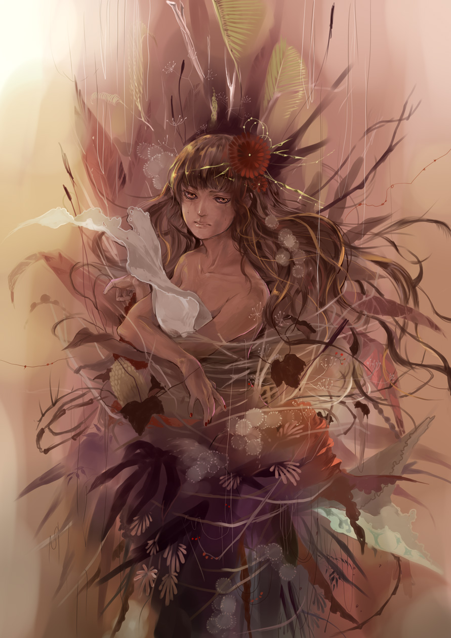 8981, original, bad id, bad pixiv id, highres, 1girl, brown eyes, brown hair, dark-skinned female, dark skin, female focus, leaf, long hair, realistic, solo