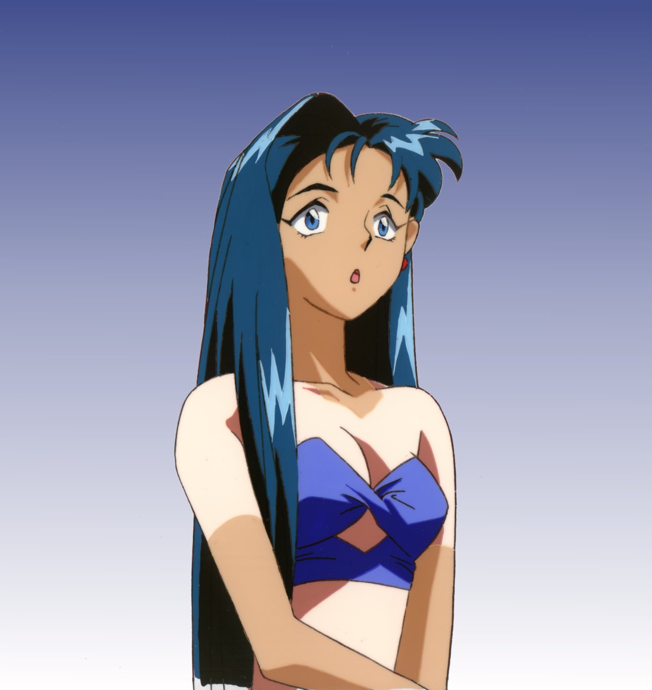 makibi kiyone, tenchi muyou!, tenchi muyou! uchuu hen, highres, 1990s (style), 1girl, :o, blue background, blue eyes, blue hair, cel, earrings, female focus, gradient background, jewelry, long hair, matching hair/eyes, retro artstyle, shirt tan, simple background, solo, tan, tanline
