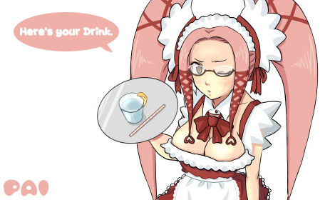 pi (.hack//), .hack//, .hack//g.u., .hack//games, bandai, cyber connect 2, lowres, 00s, 1girl, breasts, bursting breasts, cleavage, english text, female focus, glasses, maid, pink hair, solo, twintails, waitress