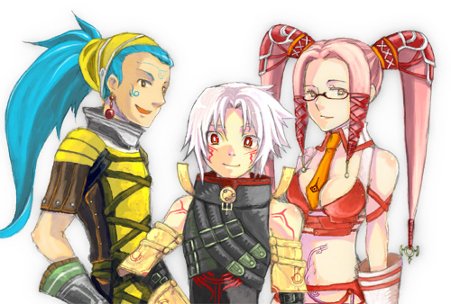 kuhn, haseo, haseo (.hack//), kuhn (.hack//), pi (.hack//), .hack//, .hack//g.u., .hack//games, bandai, cyber connect 2, lowres, 00s, 1girl, 2boys, bare shoulders, blue hair, brown eyes, facial mark, forehead mark, glasses, midriff, multiple boys, necktie, pink hair, red eyes, smile, strap, tattoo, twintails, white hair, yellow eyes