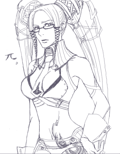 pi (.hack//), .hack//, .hack//g.u., .hack//games, bandai, cyber connect 2, 00s, 1girl, belt, buckle, closed mouth, cowboy shot, expressionless, female focus, fire, hairpods, long hair, looking at viewer, midriff, monochrome, navel, purple theme, sidelocks, simple background, sketch, solo, stomach, twintails, very long hair, white background