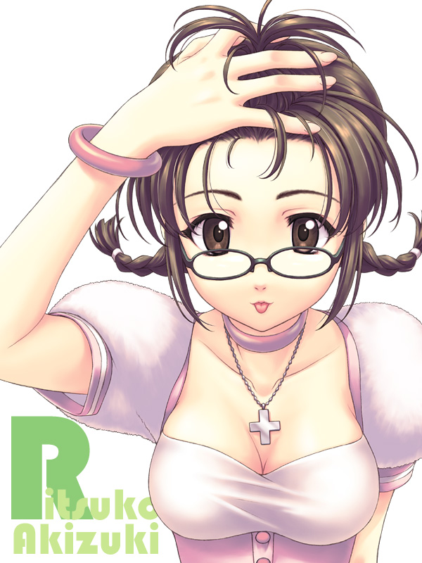 akino takehiko, akizuki ritsuko, idolmaster, idolmaster (classic), idolmaster 1, 00s, 1girl, :p, braid, breasts, brown eyes, brown hair, cleavage, cross, cute & girly (idolmaster), female focus, forehead, glasses, large breasts, short hair, solo, tongue, tongue out, twin braids