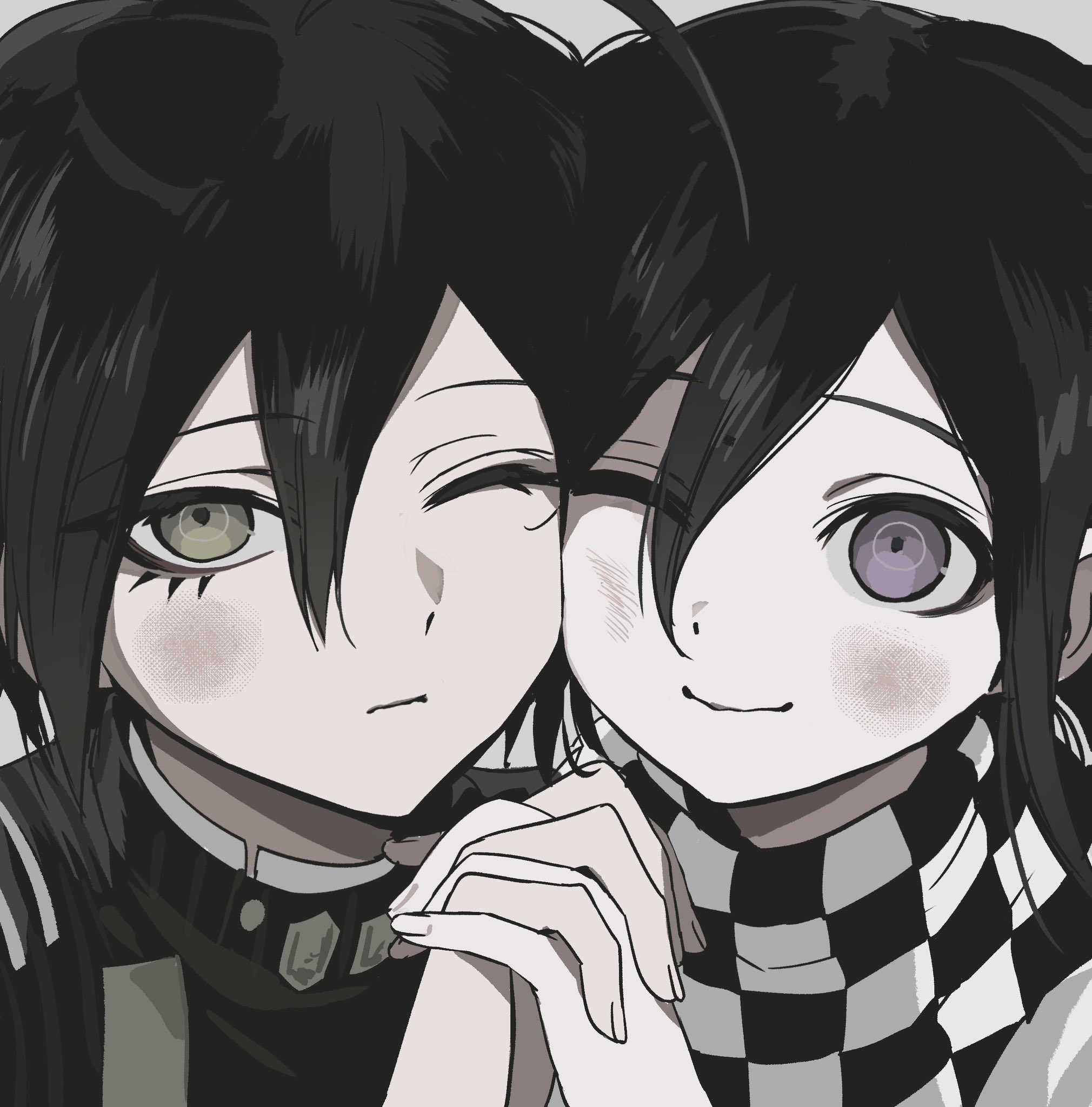 oma kokichi, saihara shuichi, danganronpa (series), danganronpa v3: killing harmony, commentary, highres, symbol-only commentary, 2boys, ahoge, black hair, blush, checkered clothes, checkered scarf, cheek-to-cheek, eyelashes, flipped hair, green eyes, grey background, hair between eyes, heads together, holding hands, interlocked fingers, jacket, looking at viewer, male focus, monochrome, multiple boys, muted color, one eye closed, portrait, purple eyes, ringed eyes, scarf, short hair, smile, two-tone scarf, usagi mi nagi, yaoi
